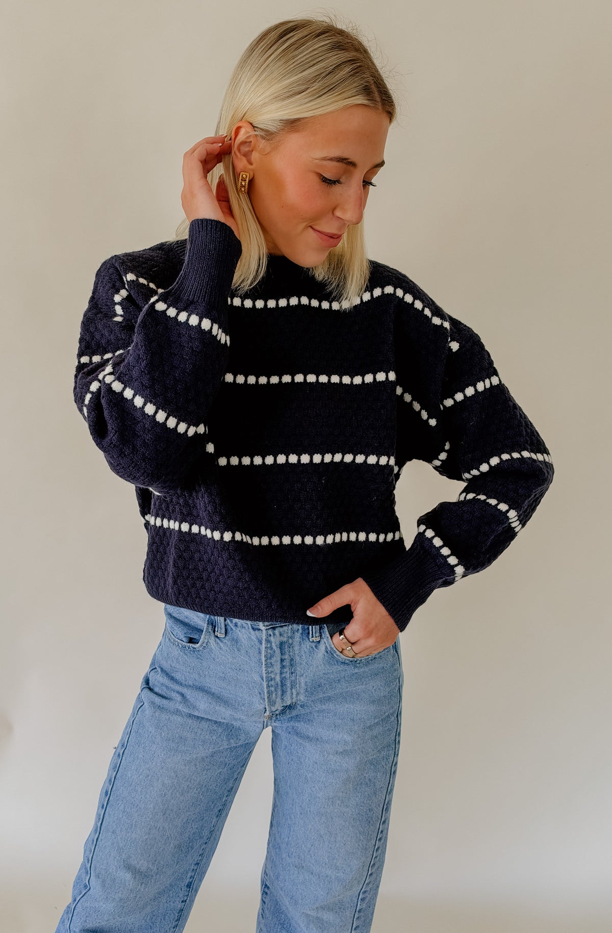 NAVY POPCORN STRIPED SWEATER