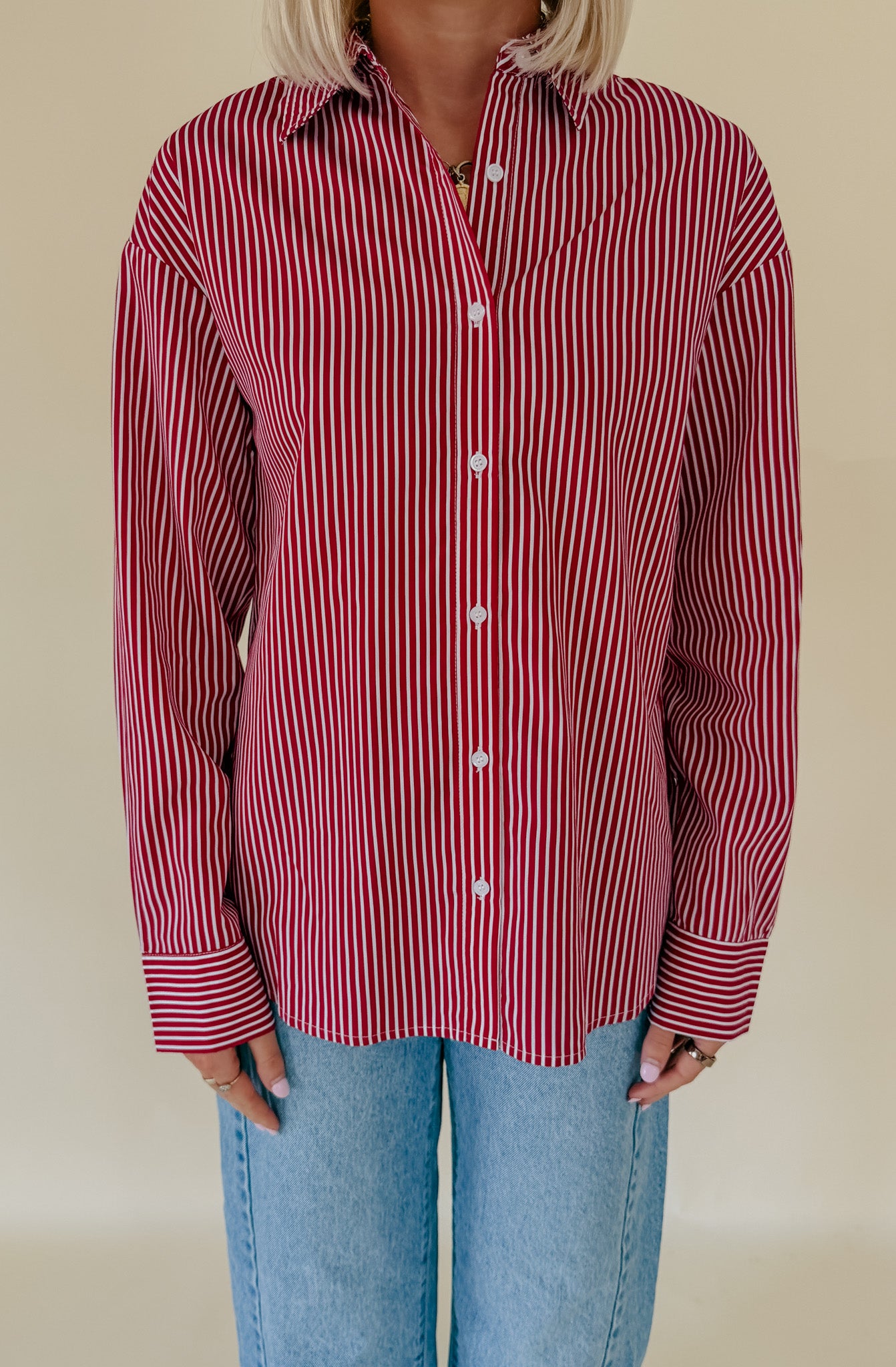 RED YOU RIGHT STRIPED POPLIN BLEND BUTTON UP