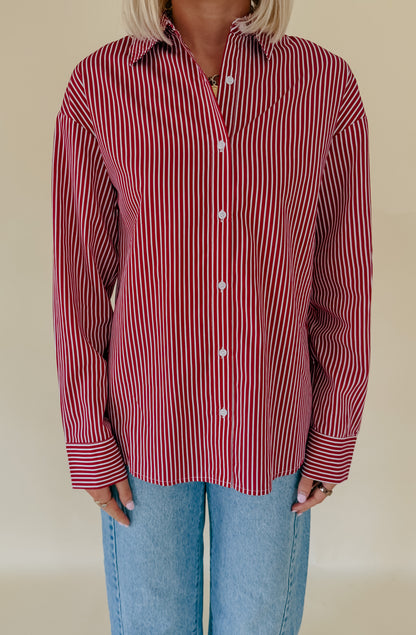 RED YOU RIGHT STRIPED POPLIN BLEND BUTTON UP
