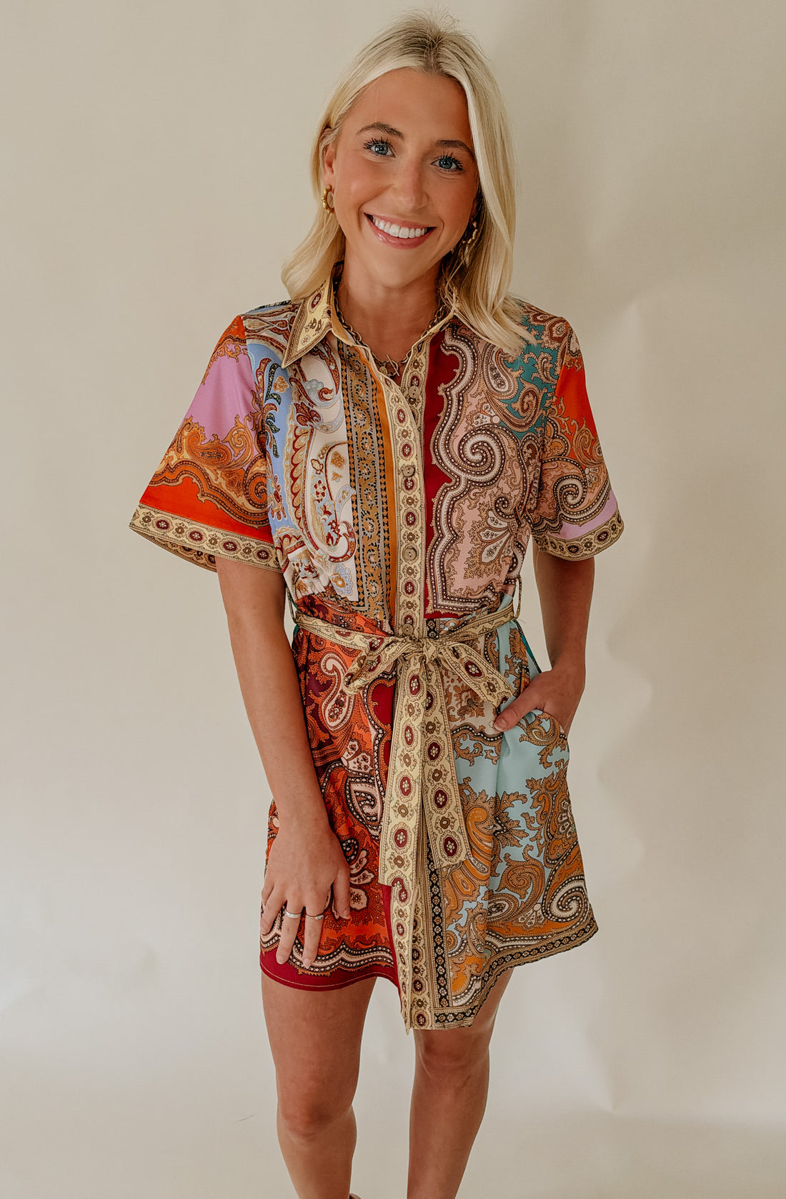 PAISLEY PRINTED BELTED MINI DRESS