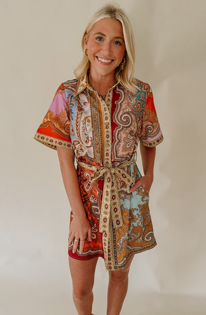 PAISLEY PRINTED BELTED MINI DRESS