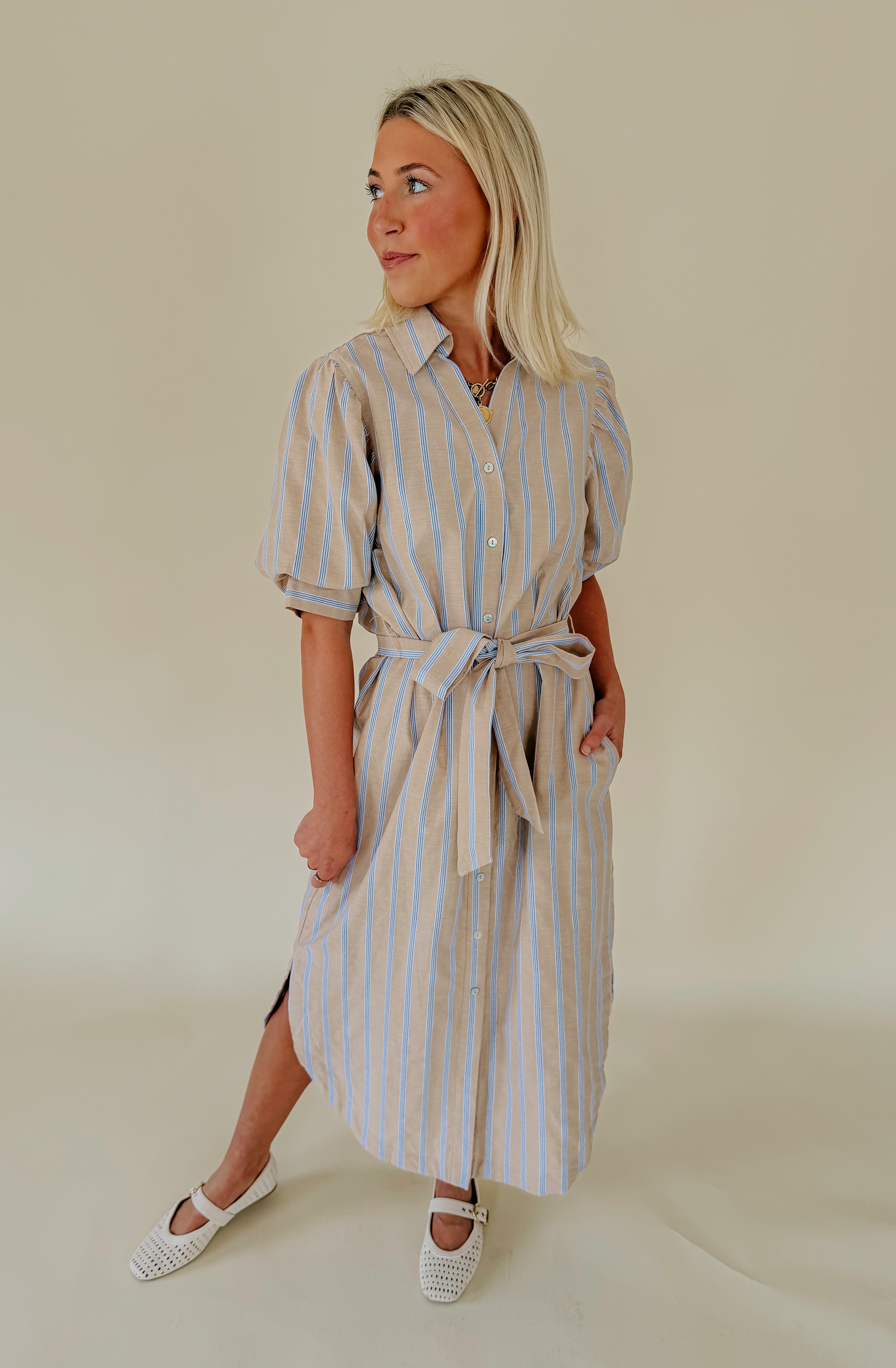 TAKING CARE OF BUSINESS TIE WAIST MIDI DRESS