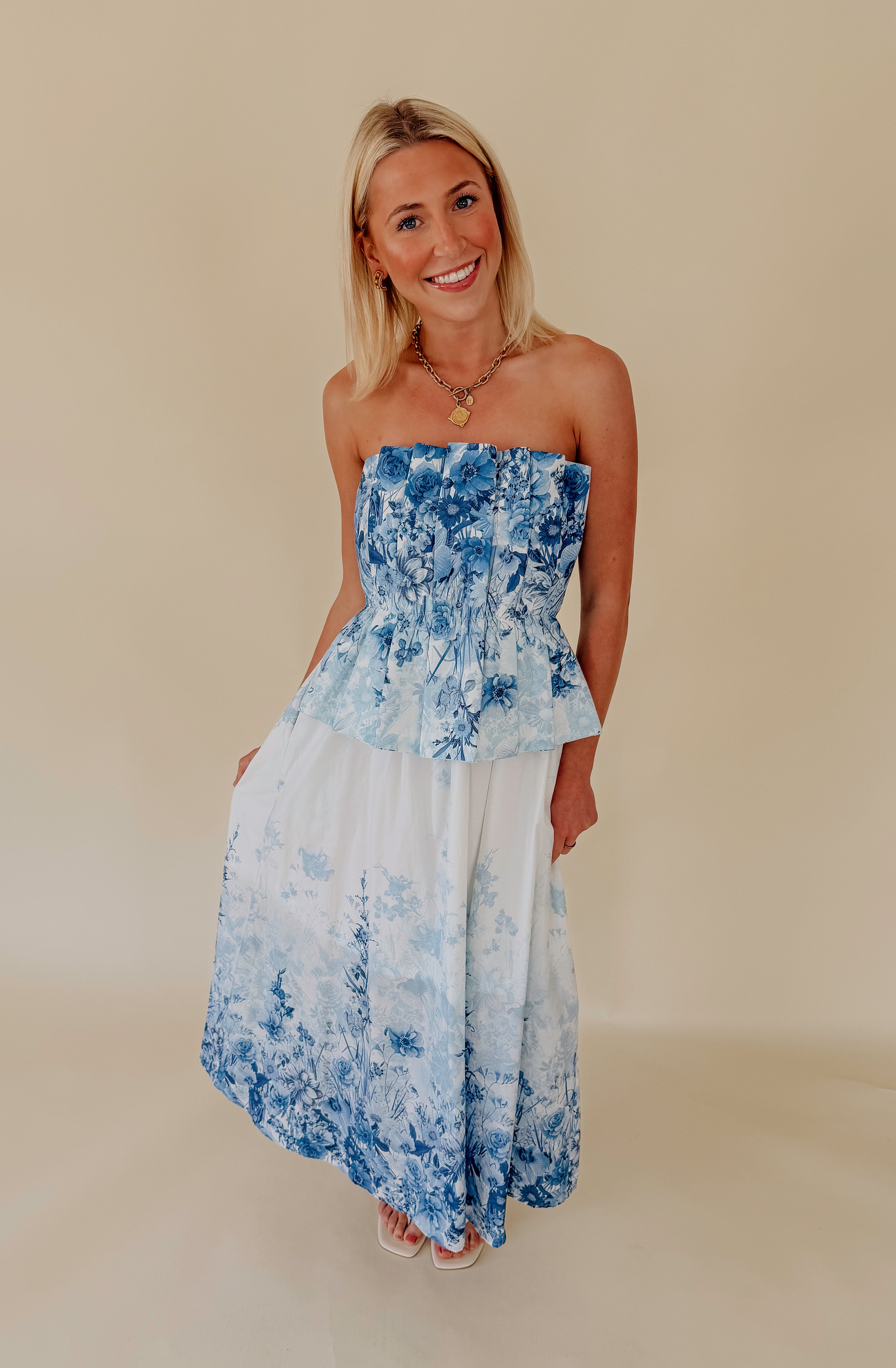 HAVING A BALL STRAPLESS MIDI DRESS