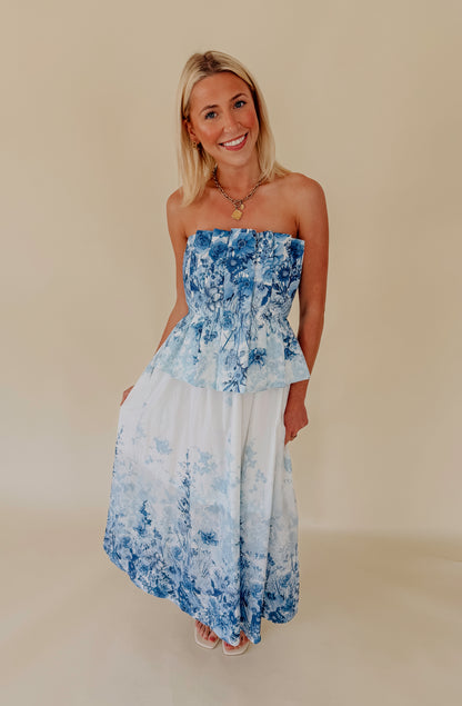 HAVING A BALL STRAPLESS MIDI DRESS