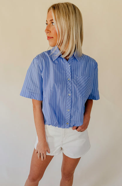 WORK AND PLAY BUTTONED BUBBLE HEM TOP