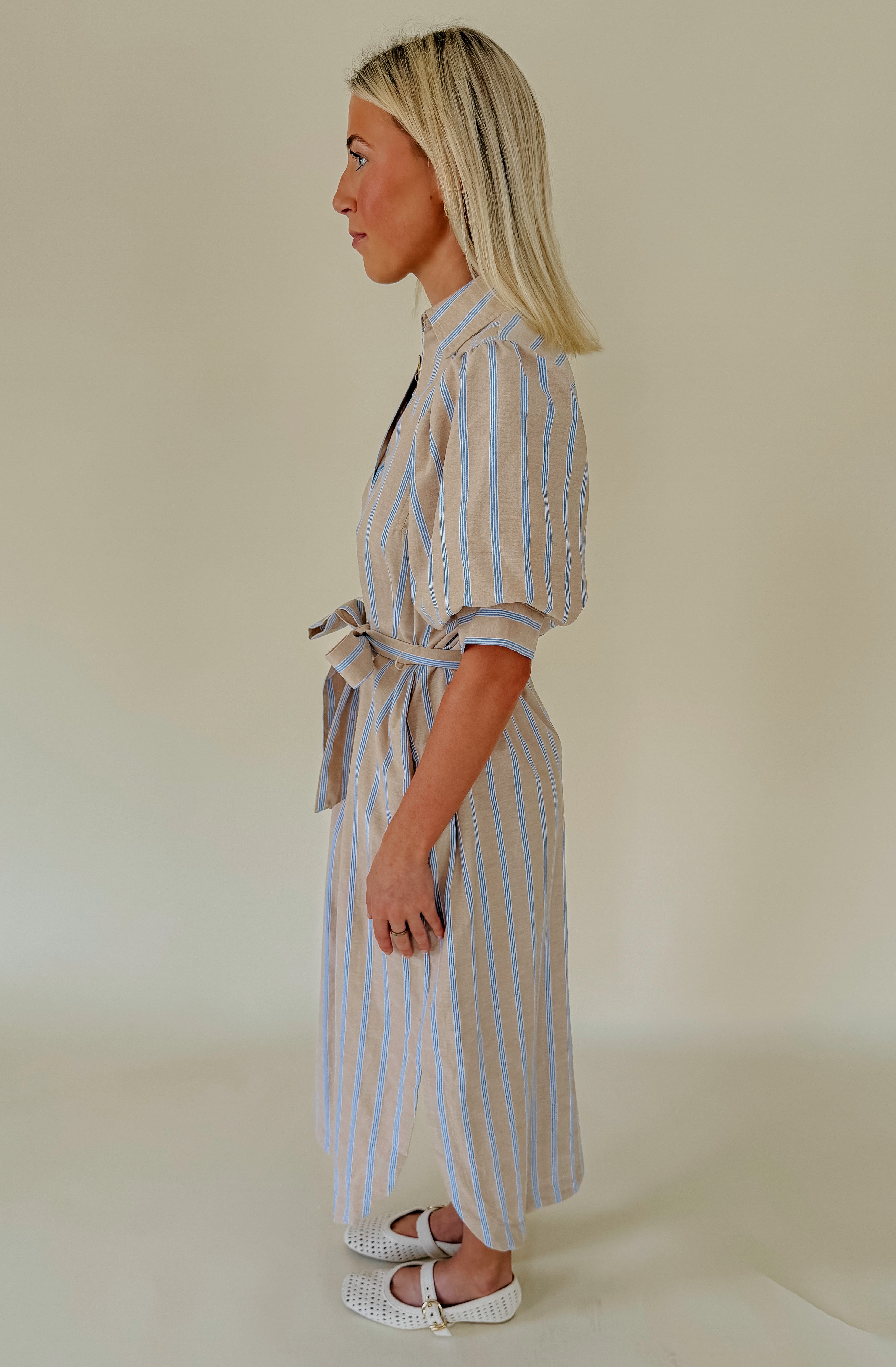 TAKING CARE OF BUSINESS TIE WAIST MIDI DRESS