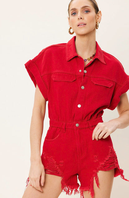 GAMEDAY ERA DISTRESSED DENIM ROMPER