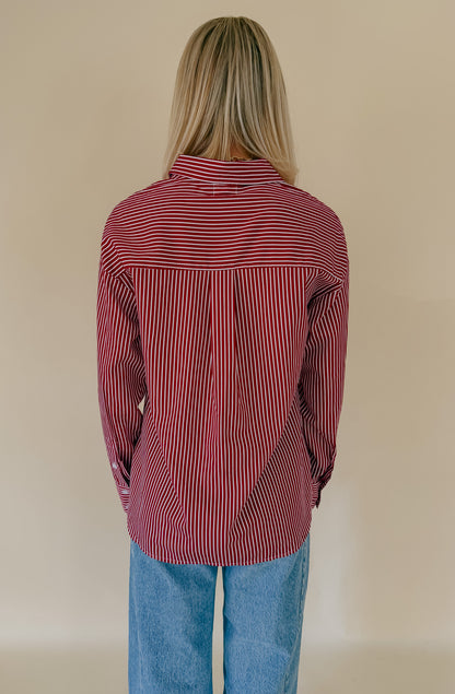 RED YOU RIGHT STRIPED POPLIN BLEND BUTTON UP