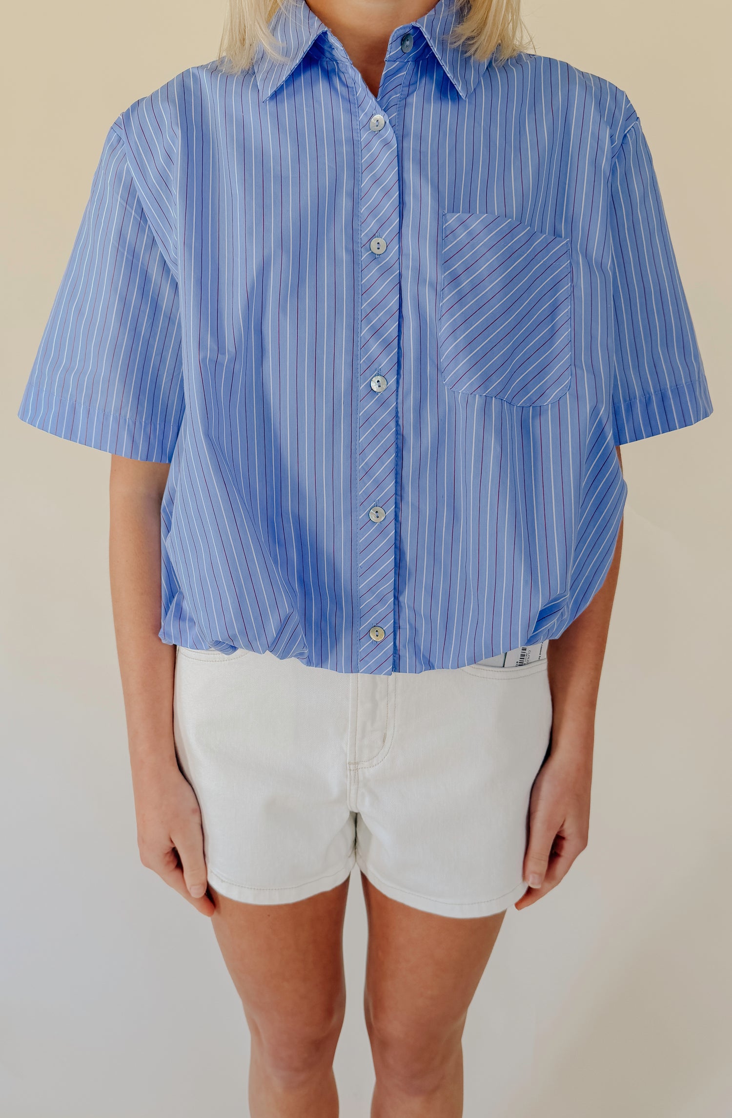 WORK AND PLAY BUTTONED BUBBLE HEM TOP