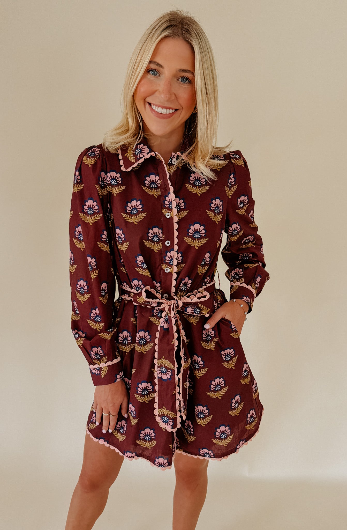 FALL LEAVES BELTED MINI DRESS