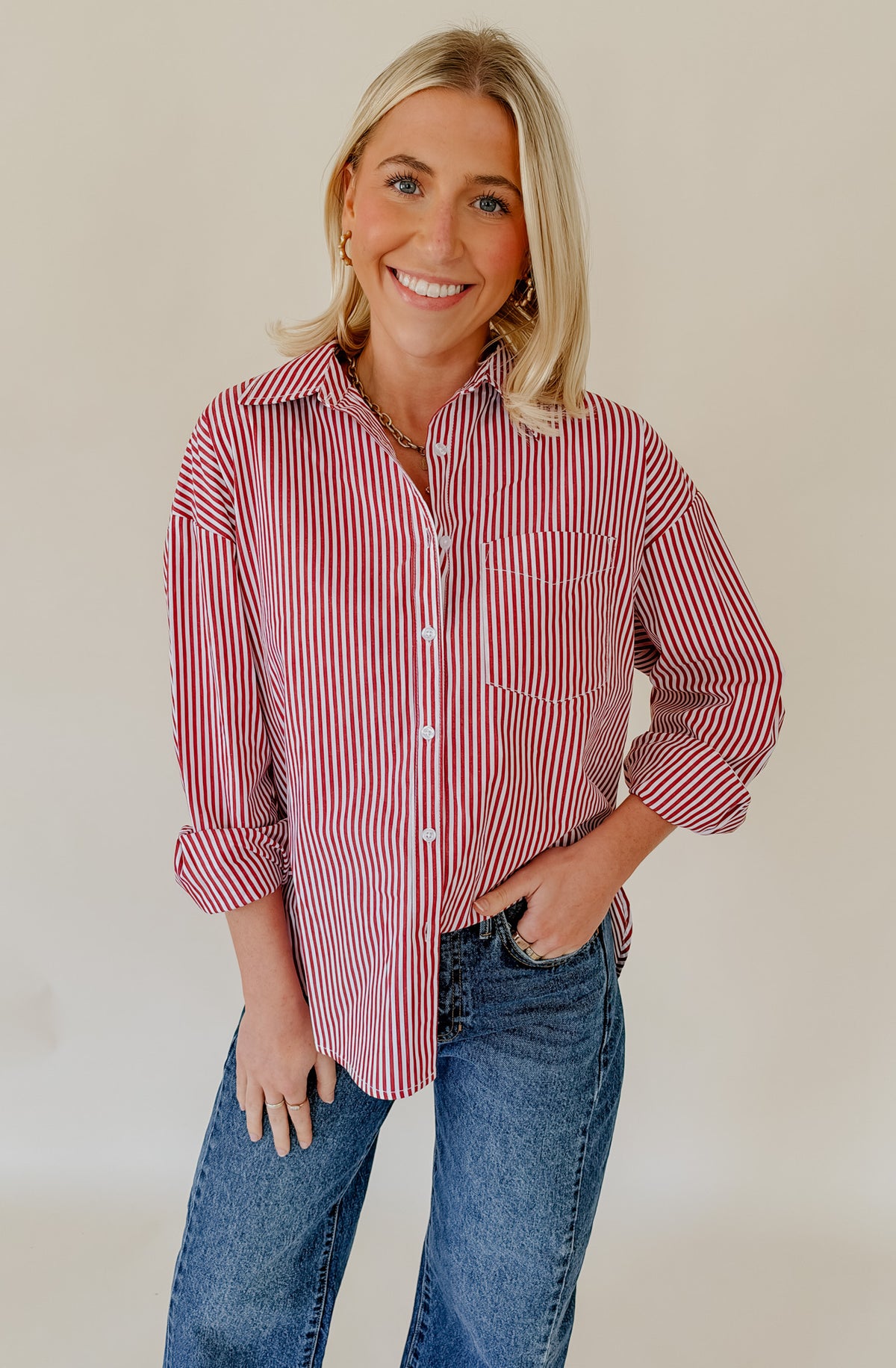 TIME AND TIME AGAIN STRIPED POPLIN BLEND BUTTON DOWN