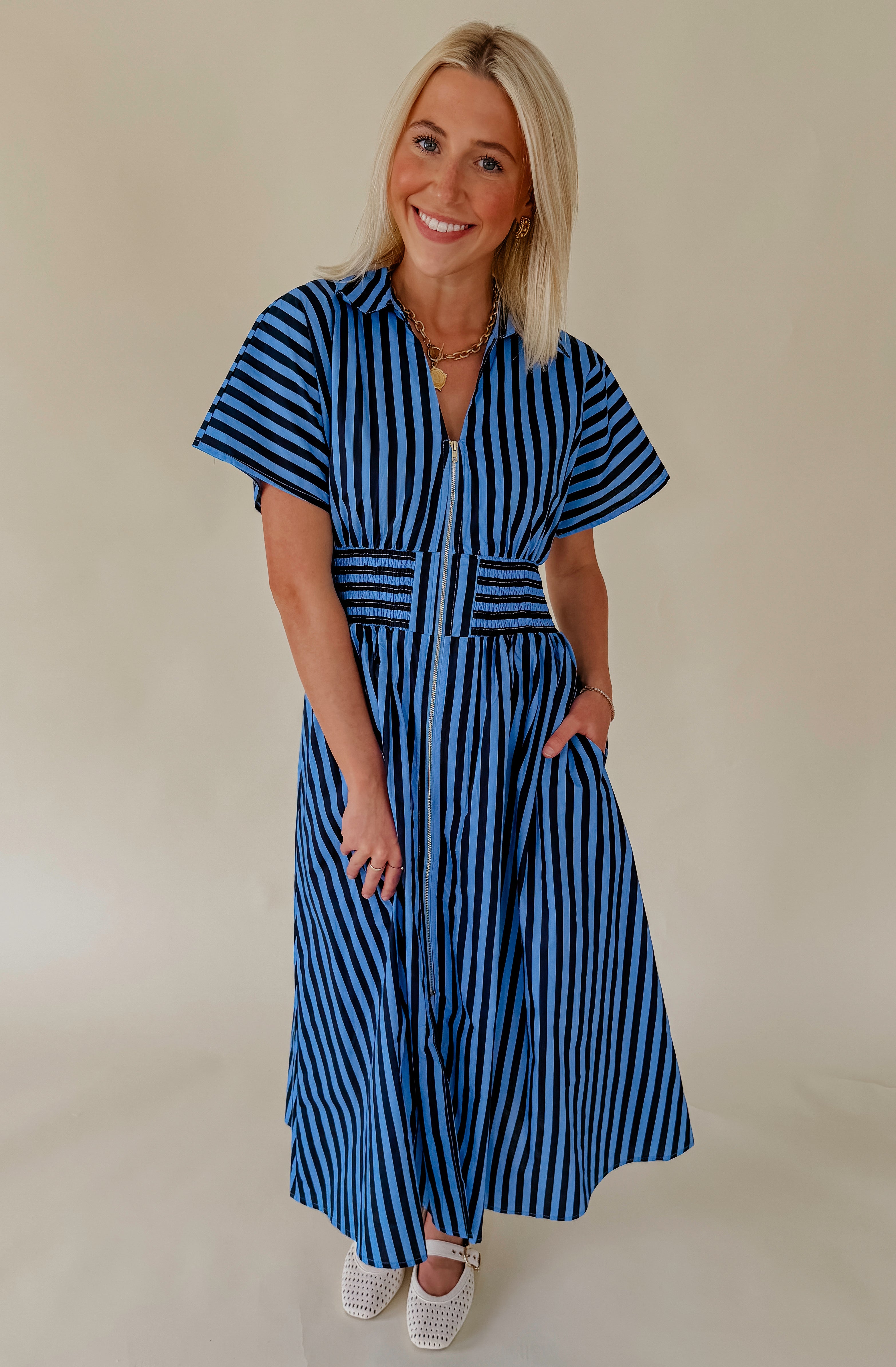 SAIL AWAY STRIPED MIDI DRESS
