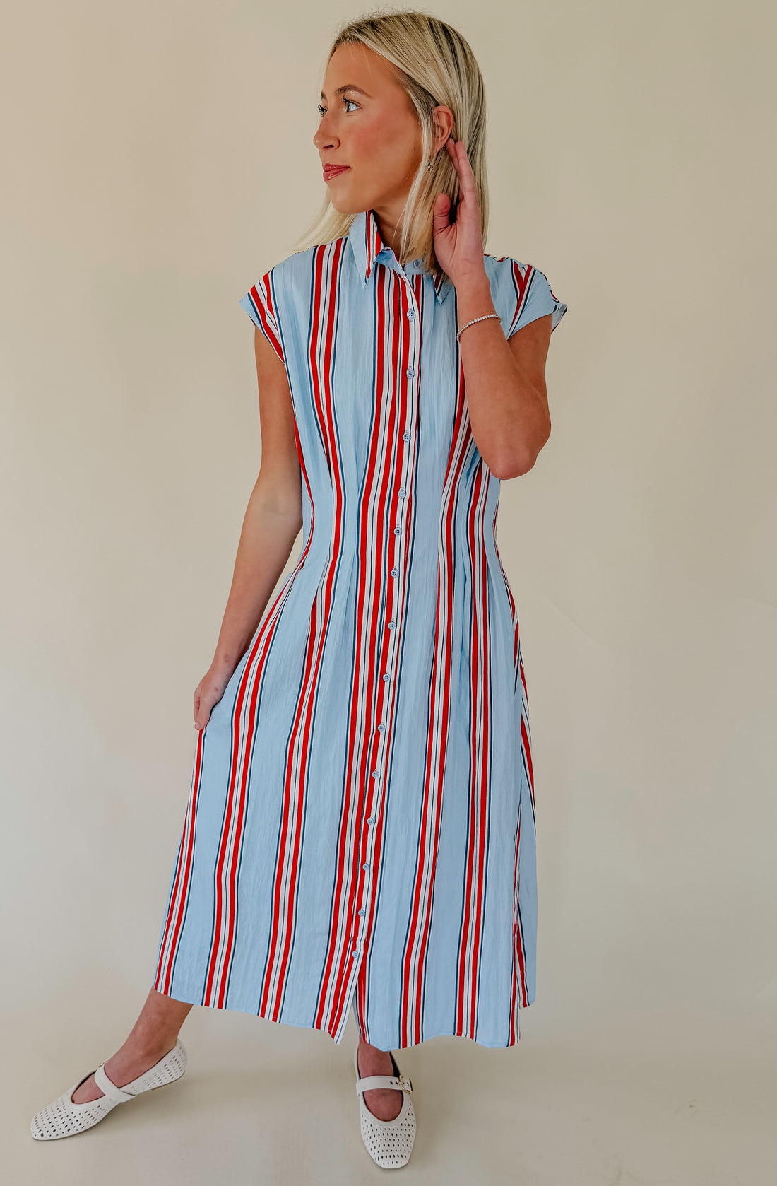 MISS AMERICANA STRIPED MIDI DRESS