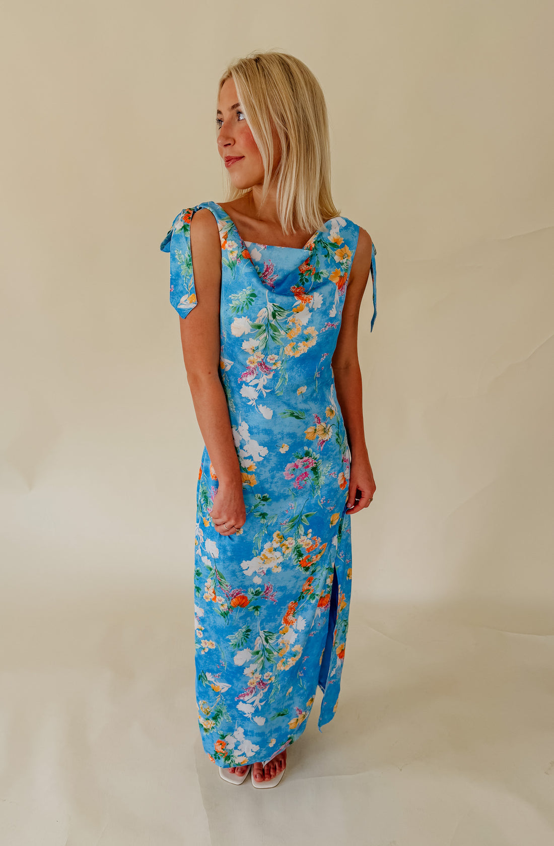 COASTAL BLOOM COWL NECK MIDI DRESS