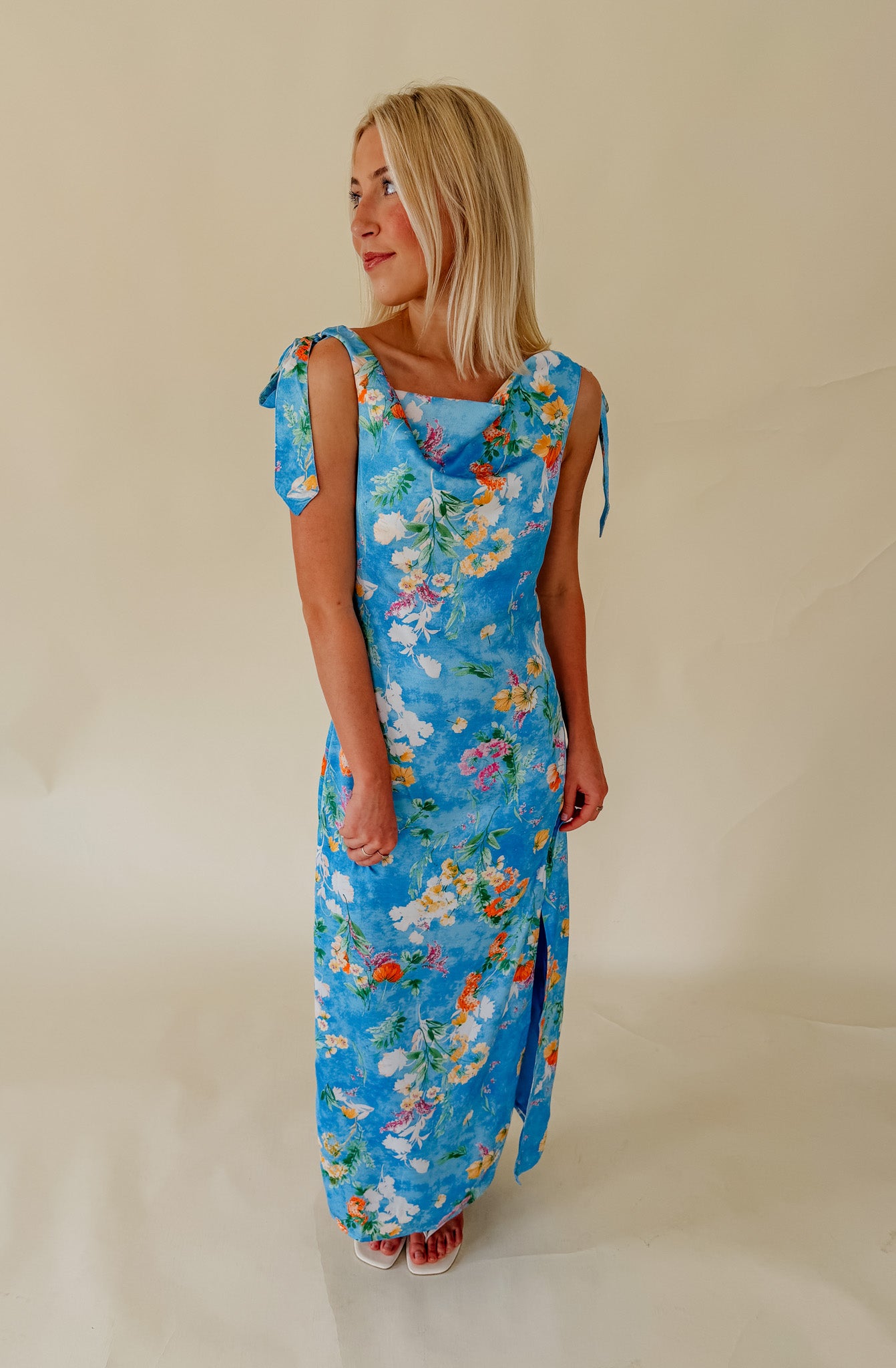 COASTAL BLOOM COWL NECK MIDI DRESS