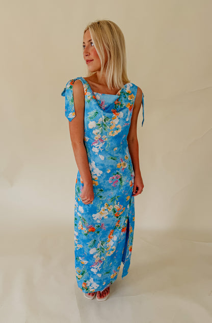 COASTAL BLOOM COWL NECK MIDI DRESS