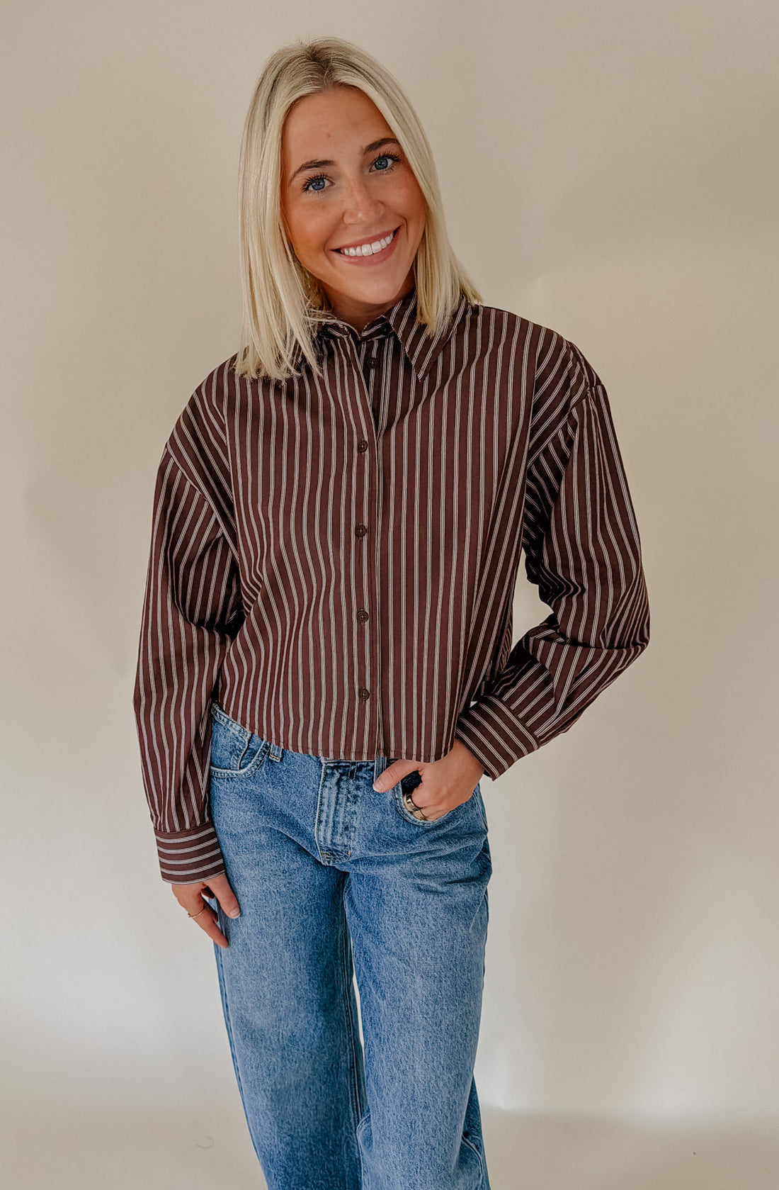 THE AMY STRIPED CROPPED BUTTON UP