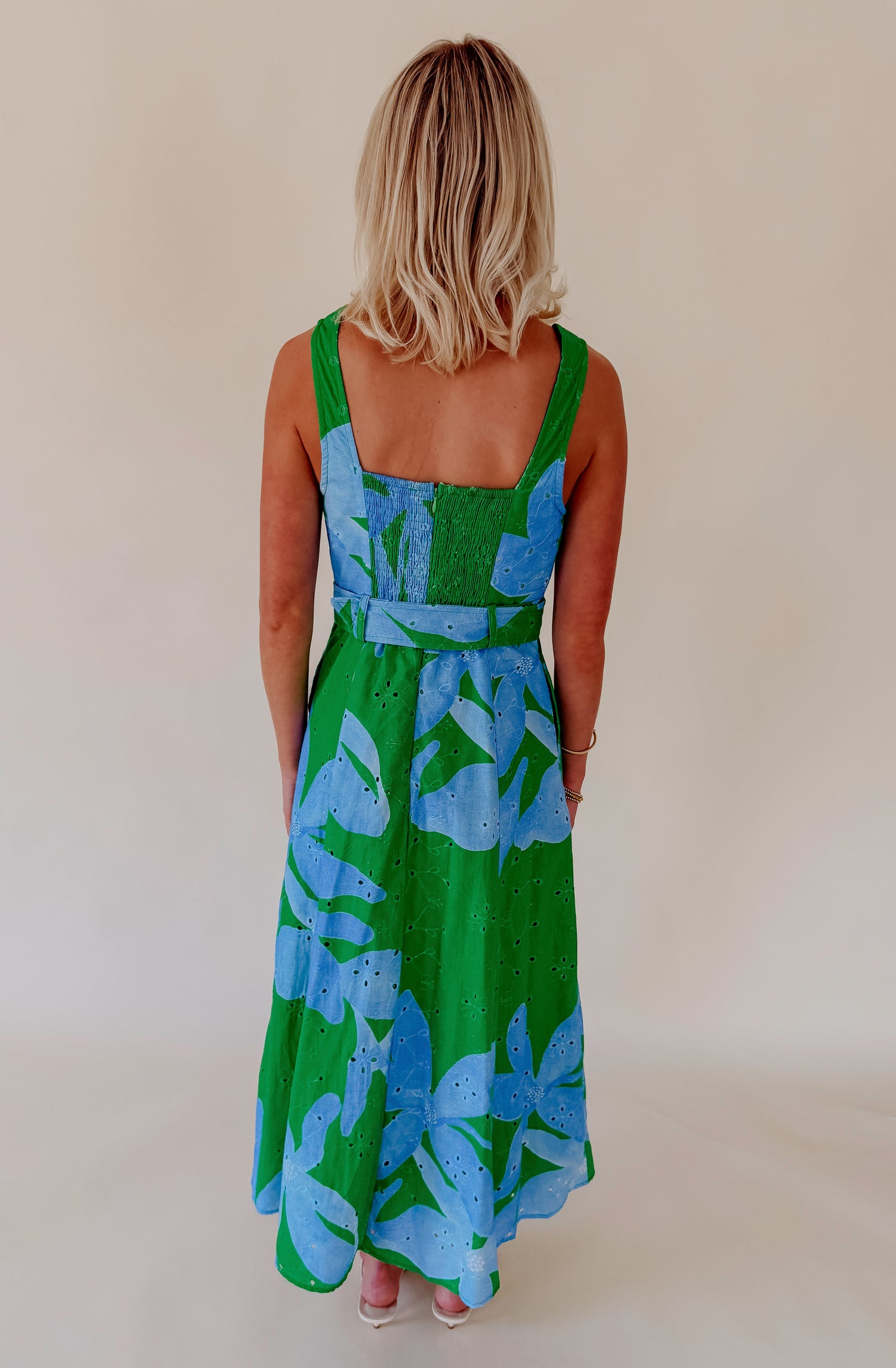 GREEN WITH ENVY BELTED MIDI DRESS