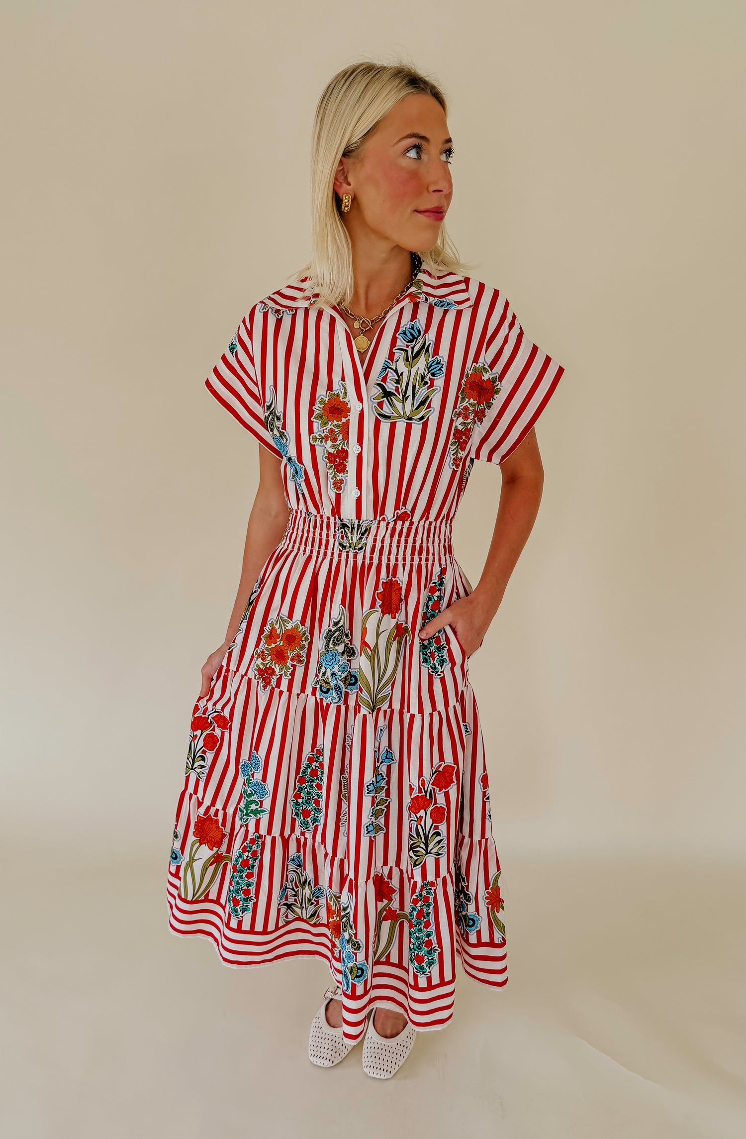 PUERTO RICO COLLARED MIDI DRESS