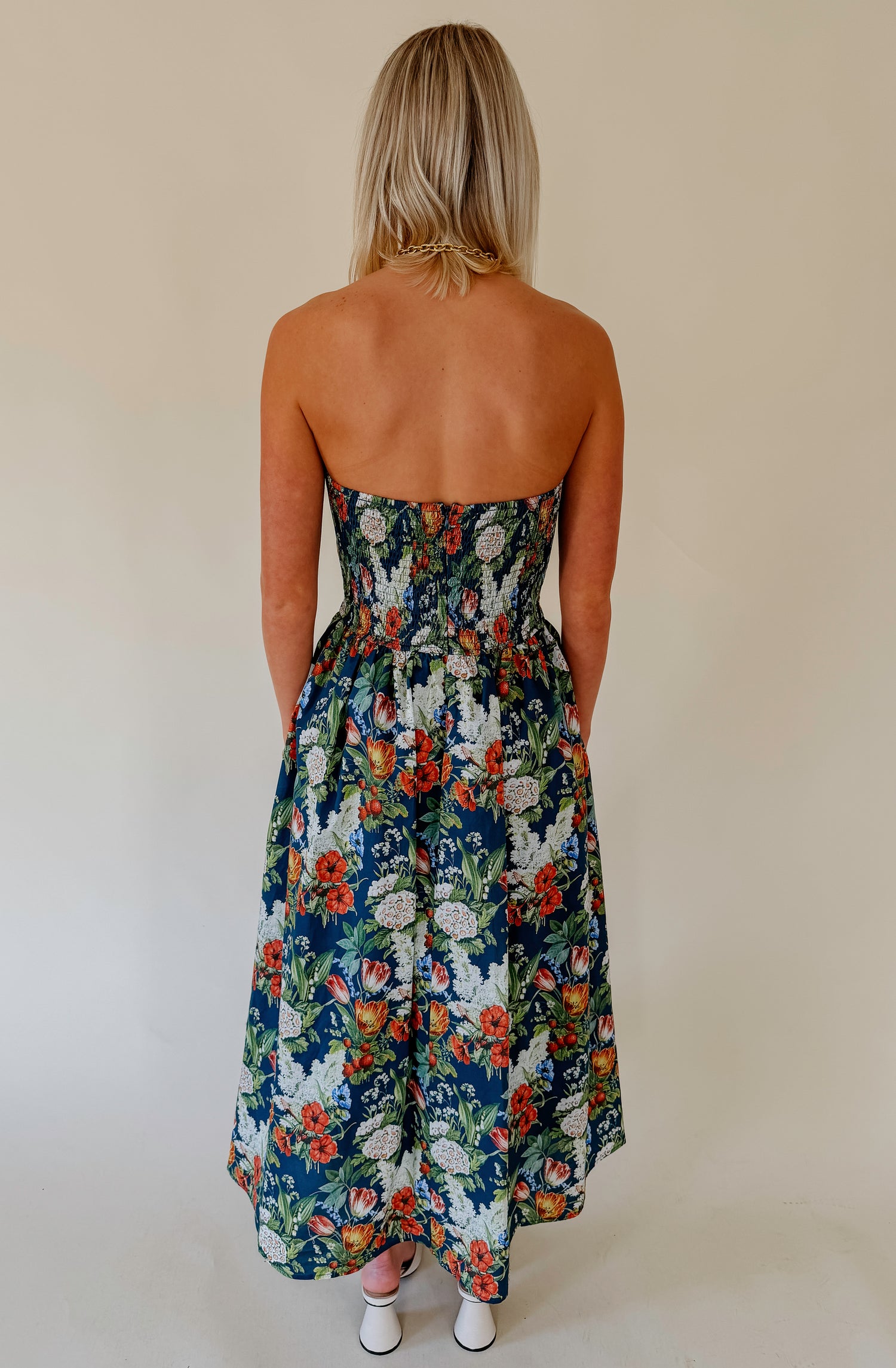 strapless garden party dress Garden Party Floral Mesh Ruched Strapless Maxi Dress Cream & Pink / M