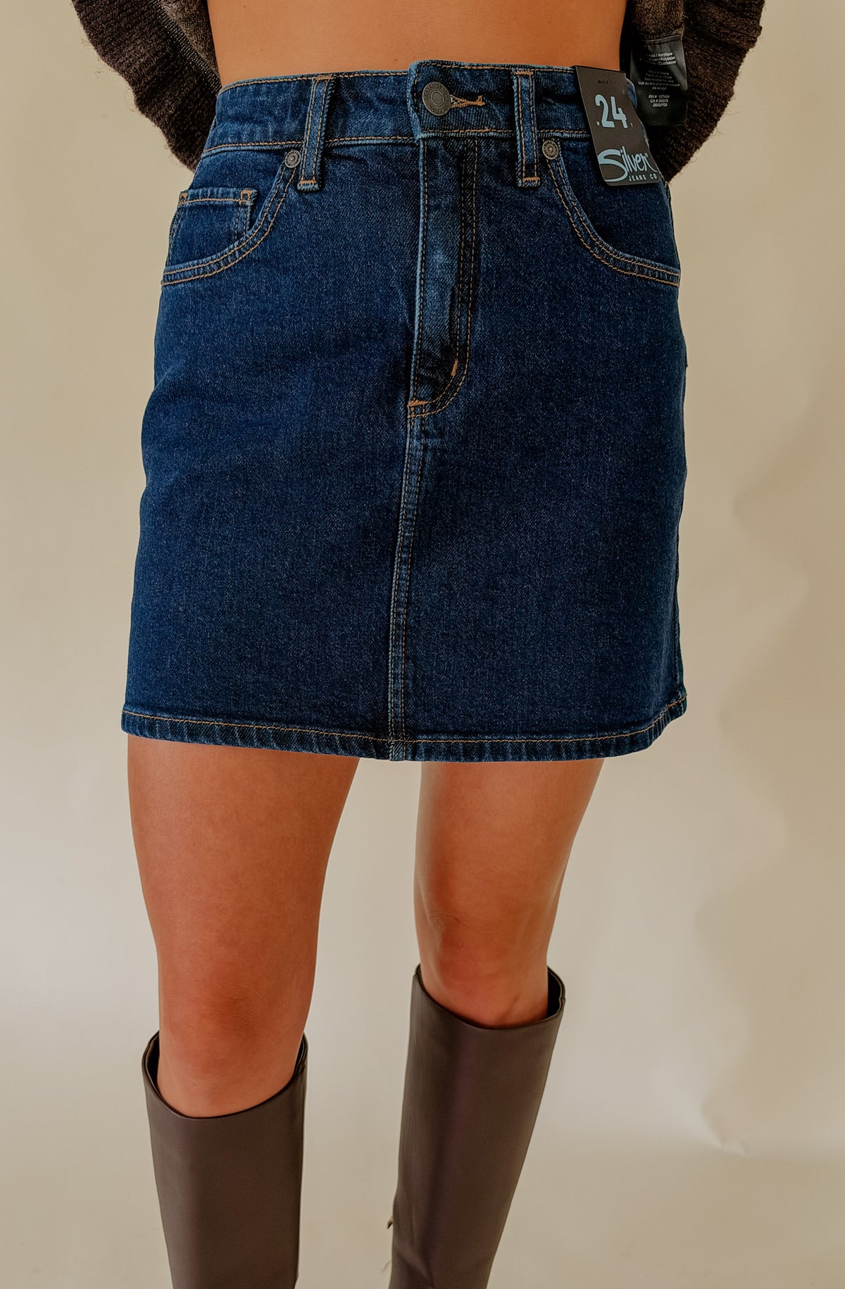 SILVER A-LINE MINI DENIM SKIRT