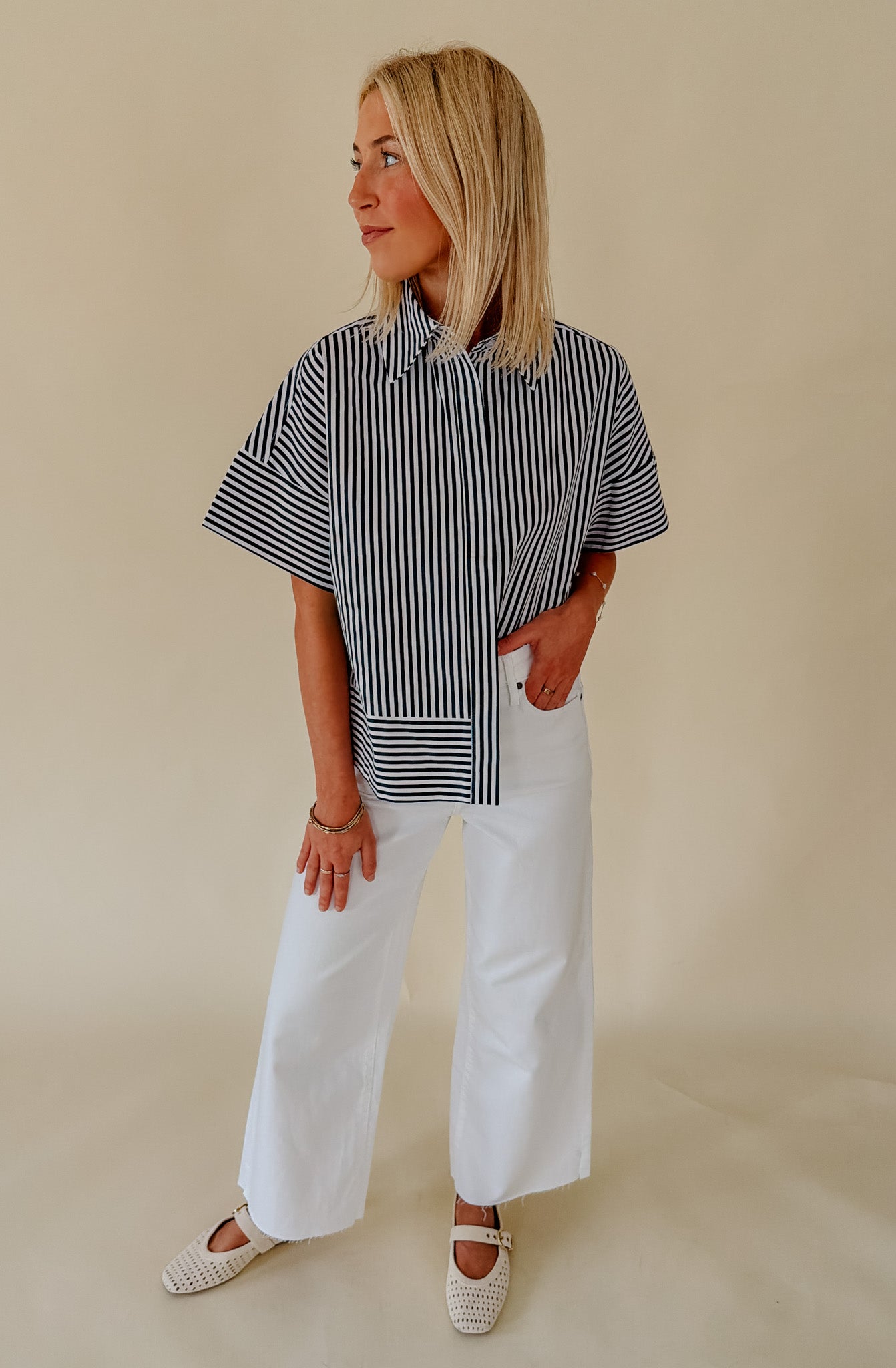 THE VICTORIA STRIPED POPLIN BLEND TOP