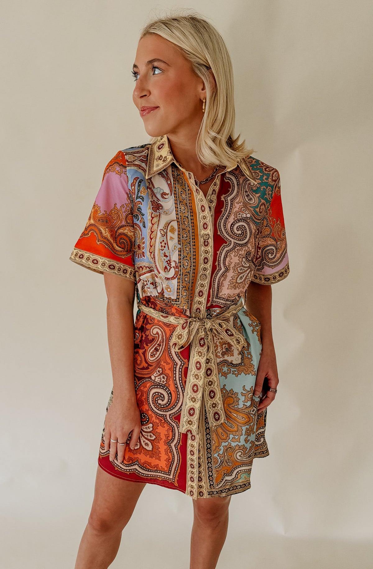 PAISLEY PRINTED BELTED MINI DRESS