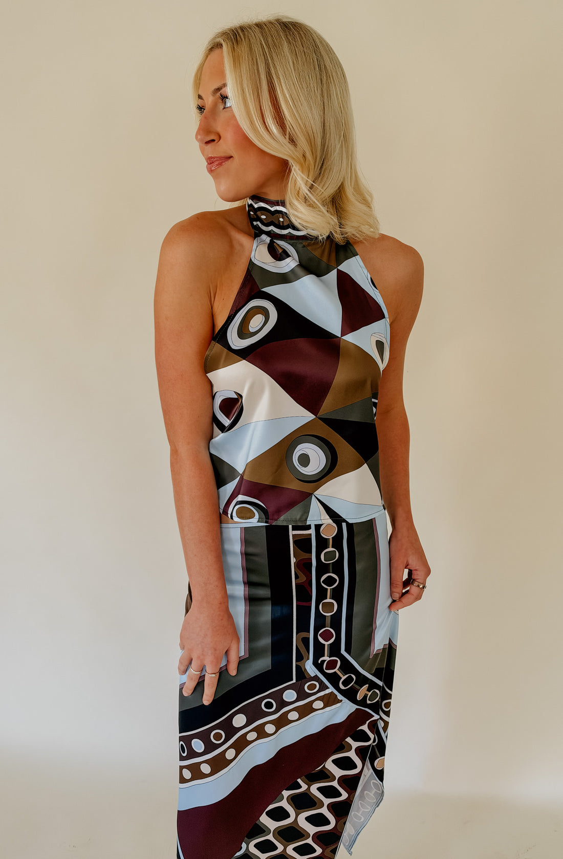 ABSTRACT GEOMETRIC HALTER SKIRT SET
