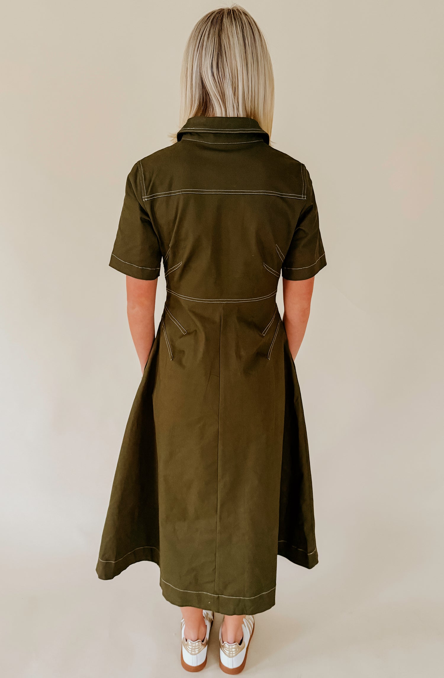 GREEN WITH ENVY STRUCTURED MIDI DRESS