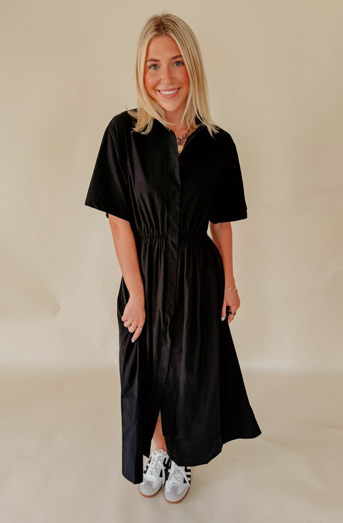 LITTLE BLACK POPLIN BLEND MIDI DRESS