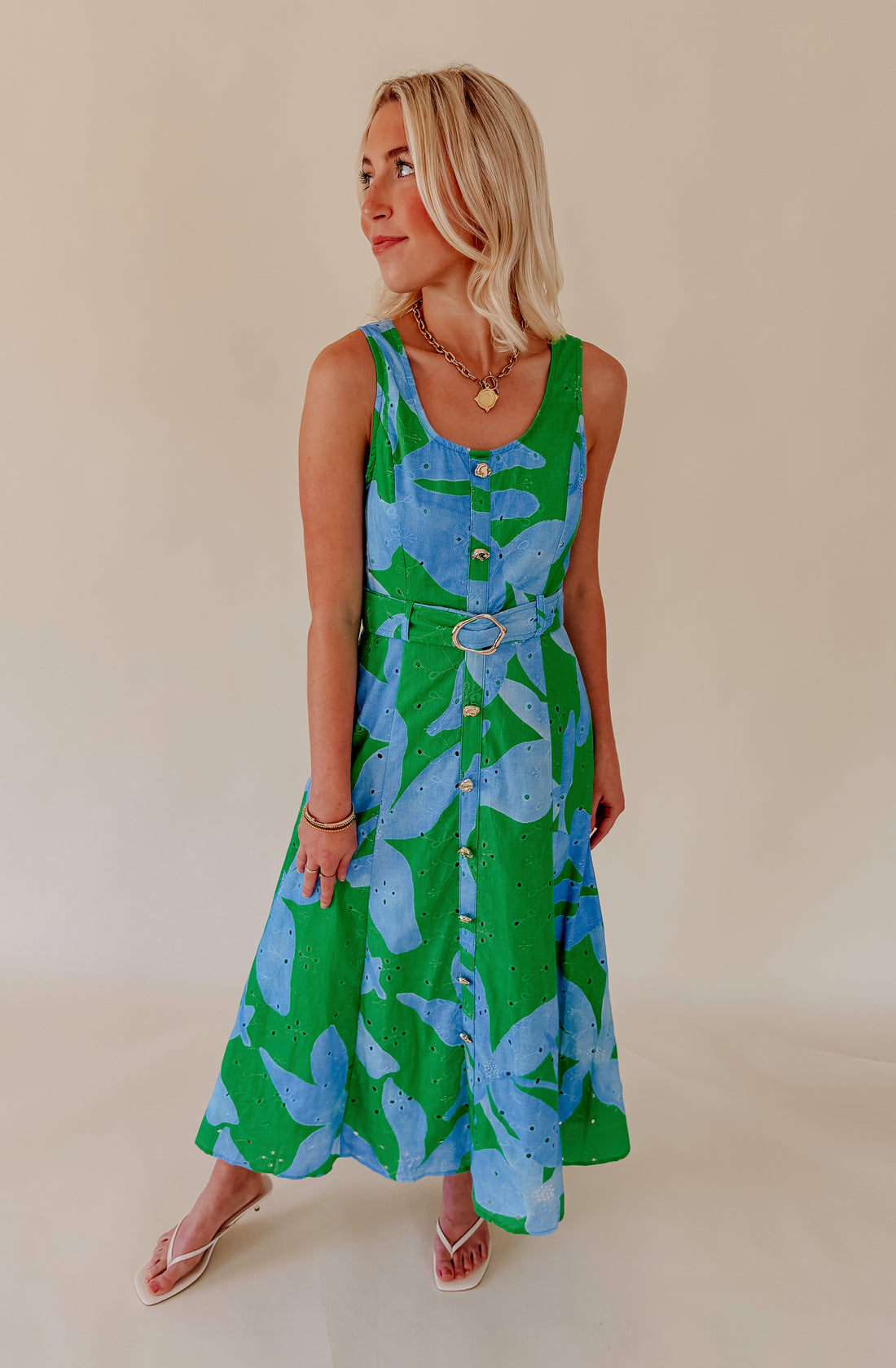 GREEN WITH ENVY BELTED MIDI DRESS
