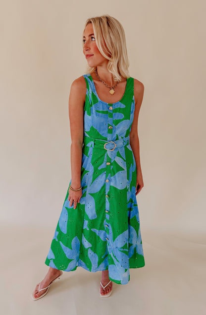 GREEN WITH ENVY BELTED MIDI DRESS