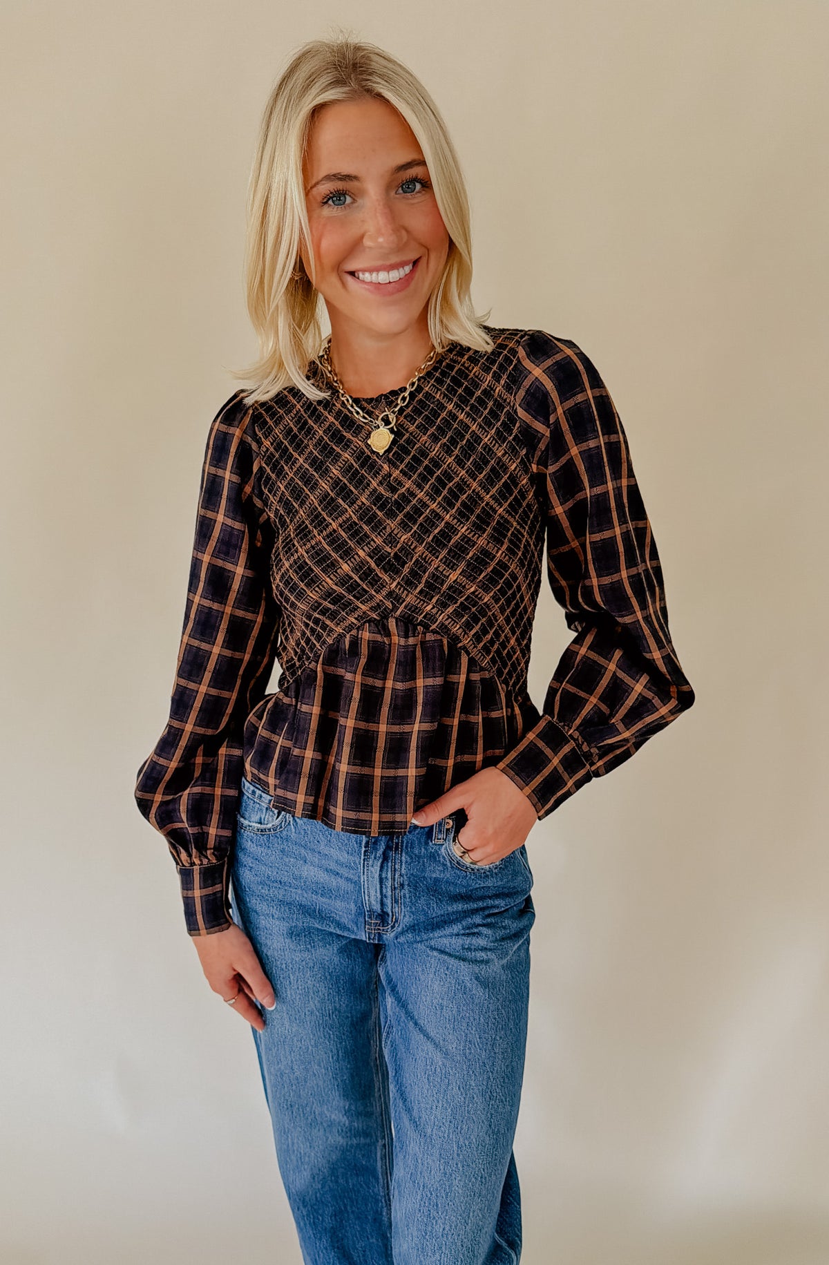 CIEBON LARKIN PLAID SMOCKED BLOUSE