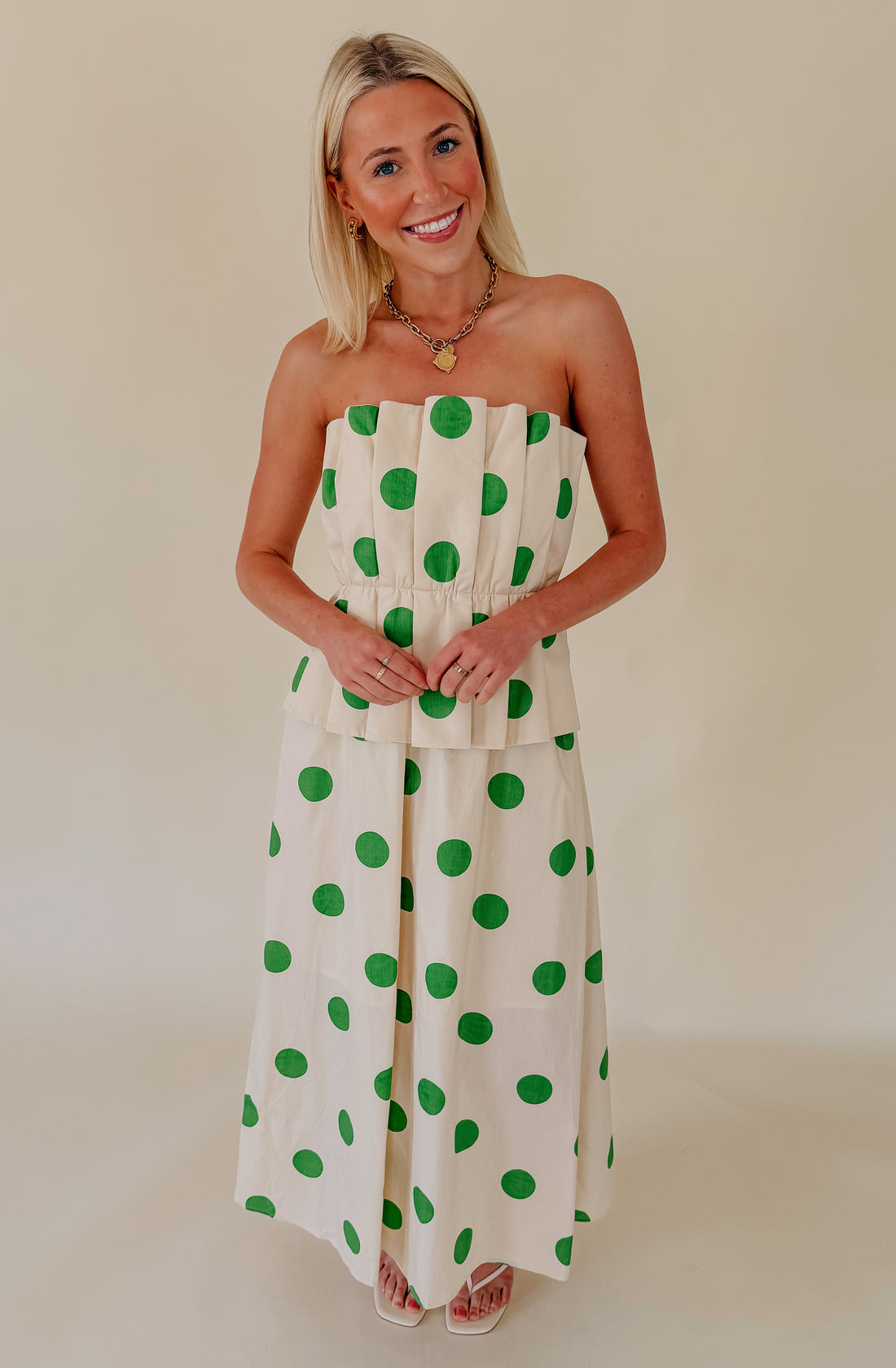 RIGHT ON THE DOT STRAPLESS MIDI DRESS