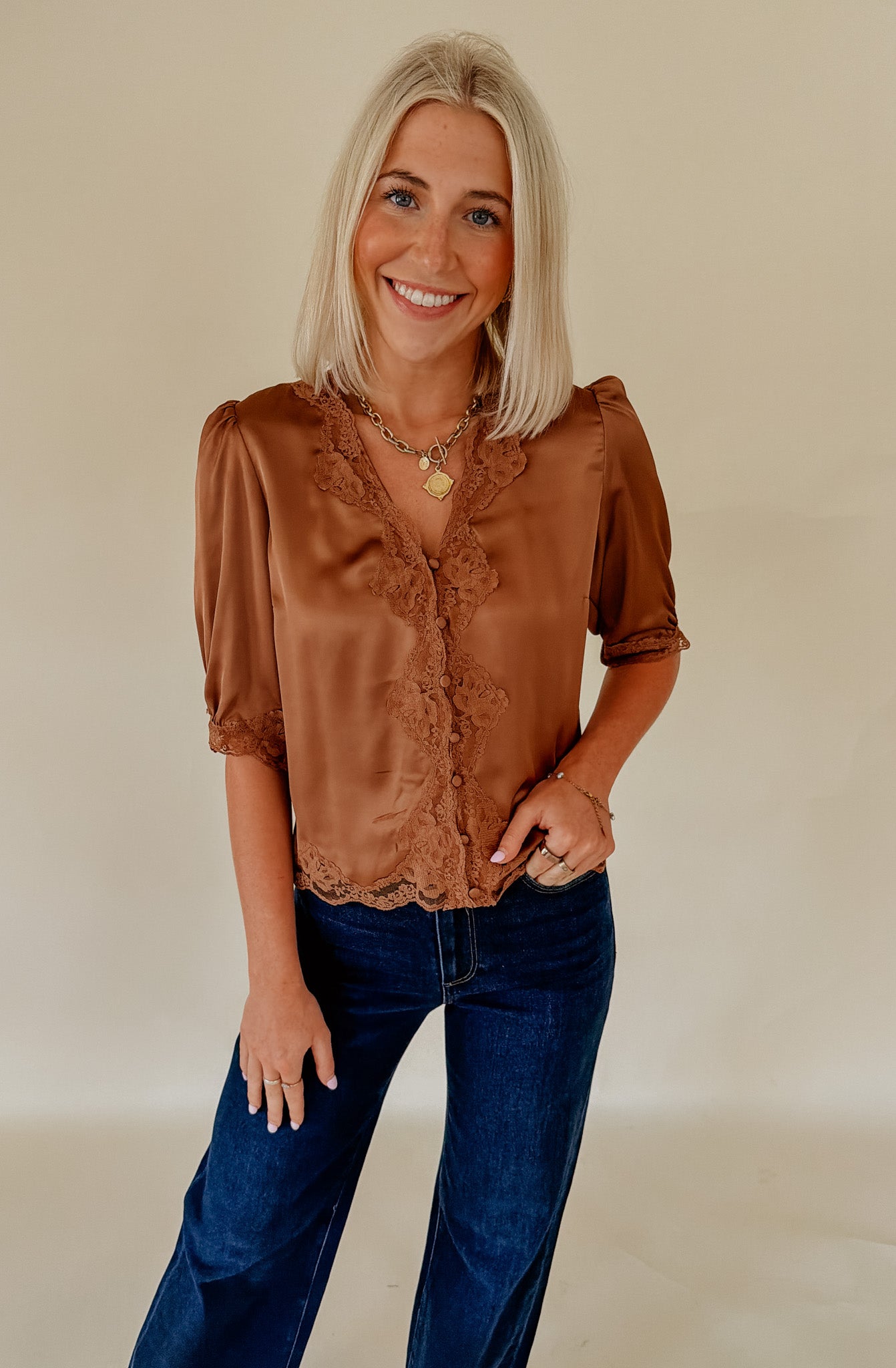 MIDNIGHTS LACE TRIM BLOUSE
