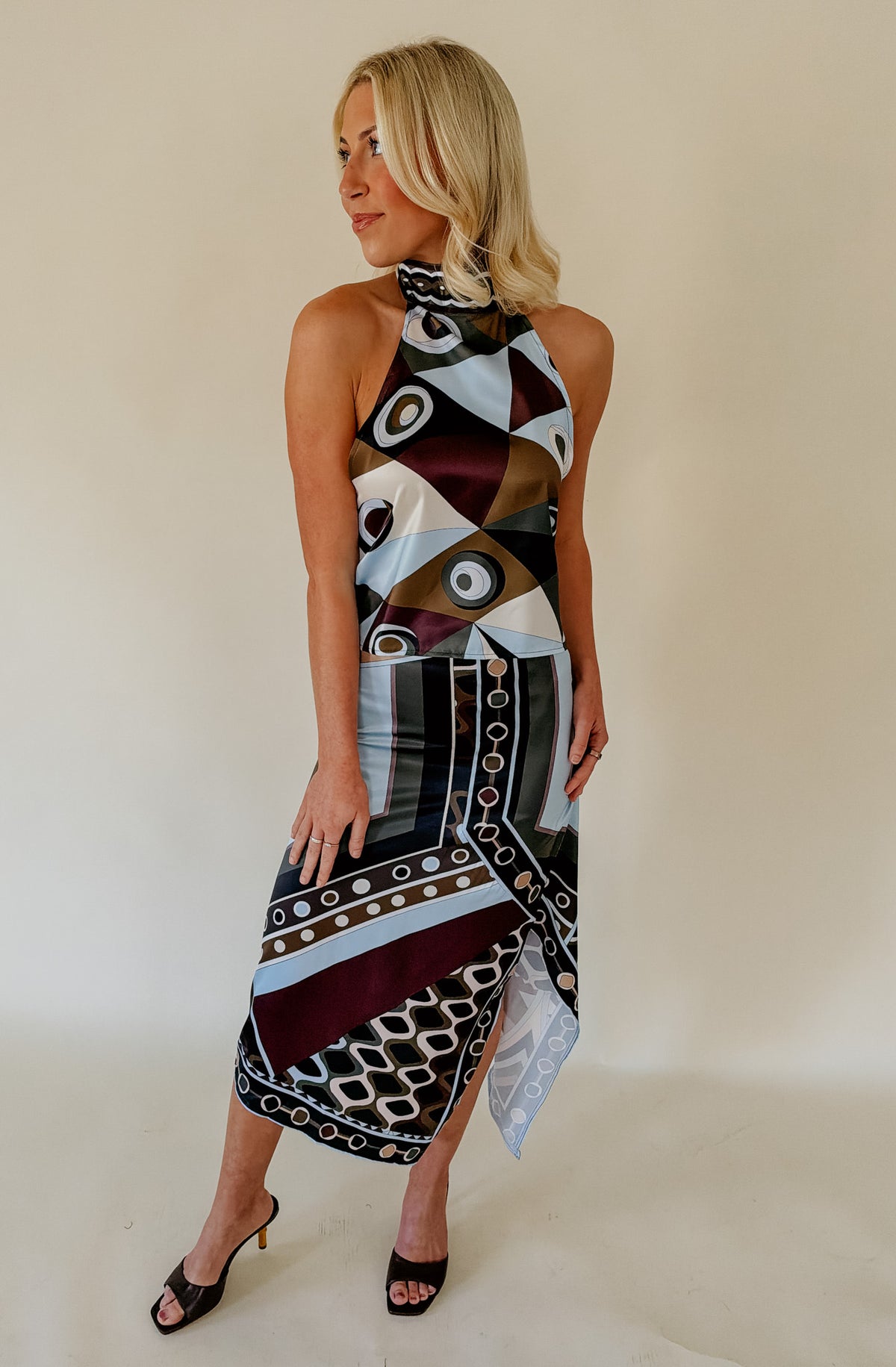 ABSTRACT GEOMETRIC HALTER SKIRT SET