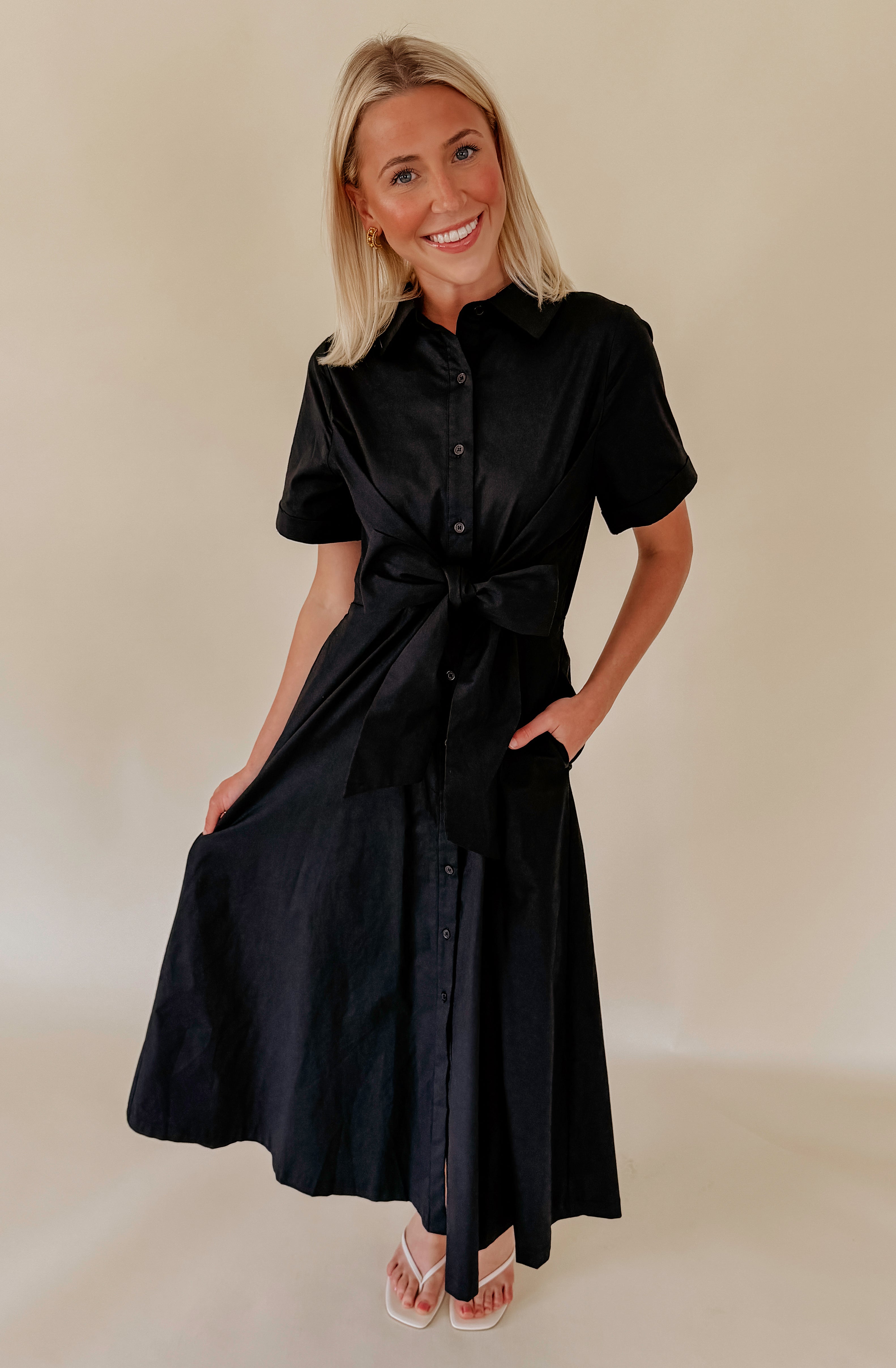 THE ESSENTIAL POPLIN BLEND TIE WAIST MIDI DRESS