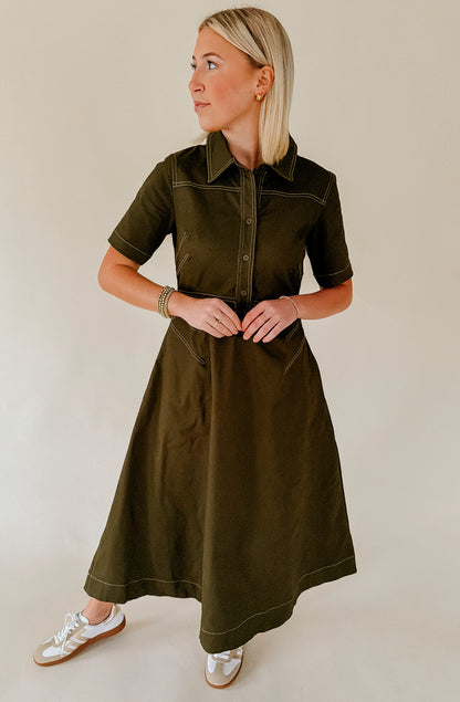 GREEN WITH ENVY STRUCTURED MIDI DRESS