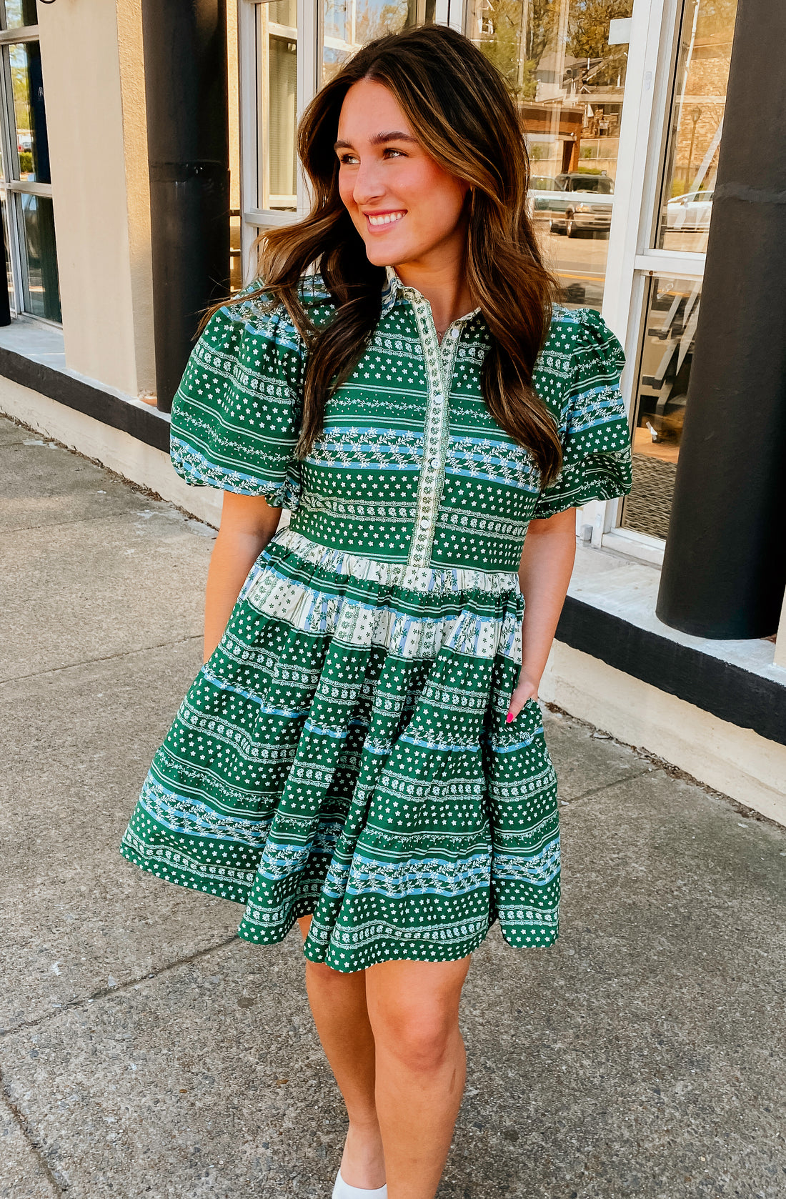 GREEN WITH ENVY PUFF SLEEVE DRESS