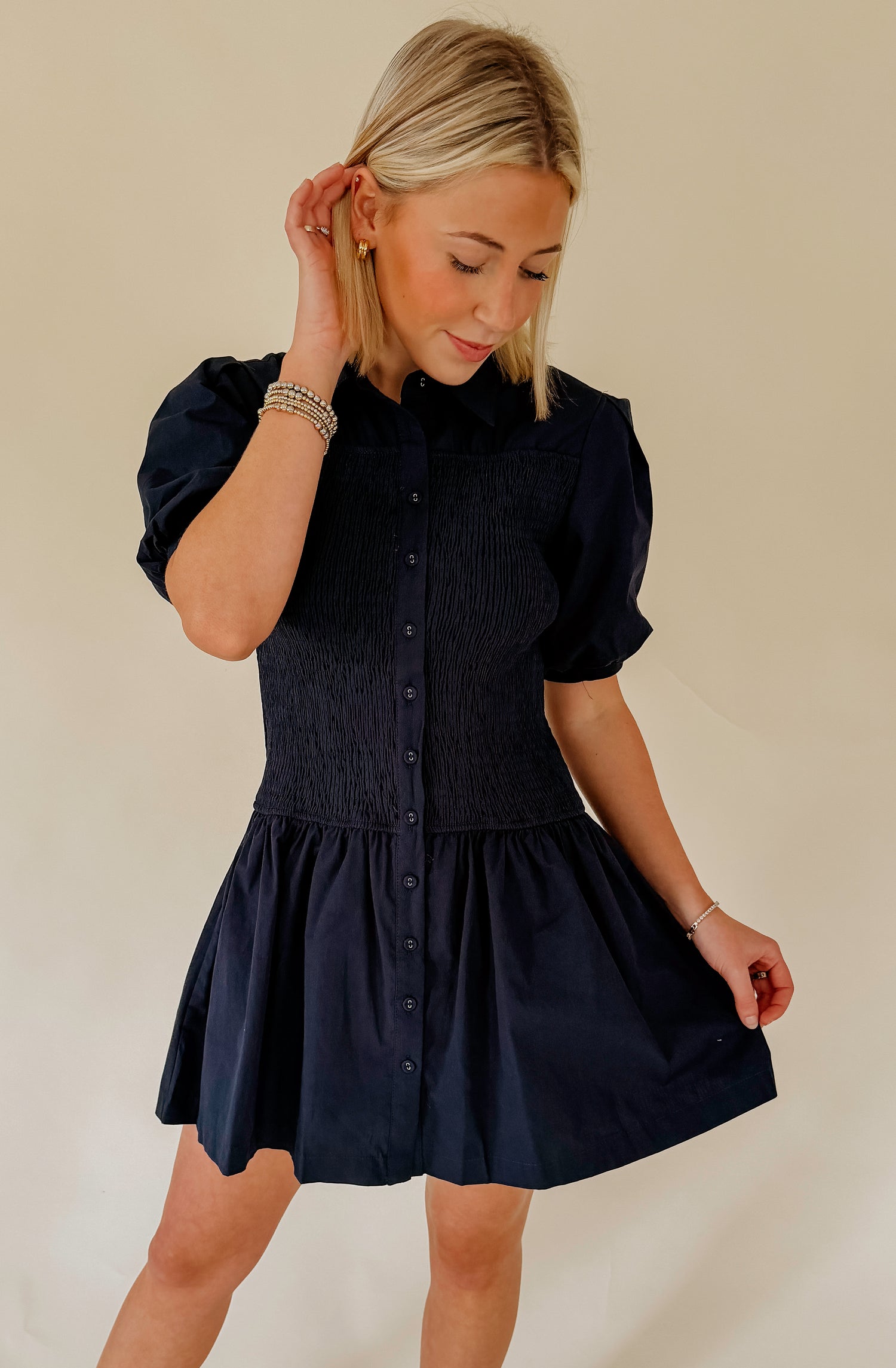 NIGHT HOUR SMOCKED MINI DRESS