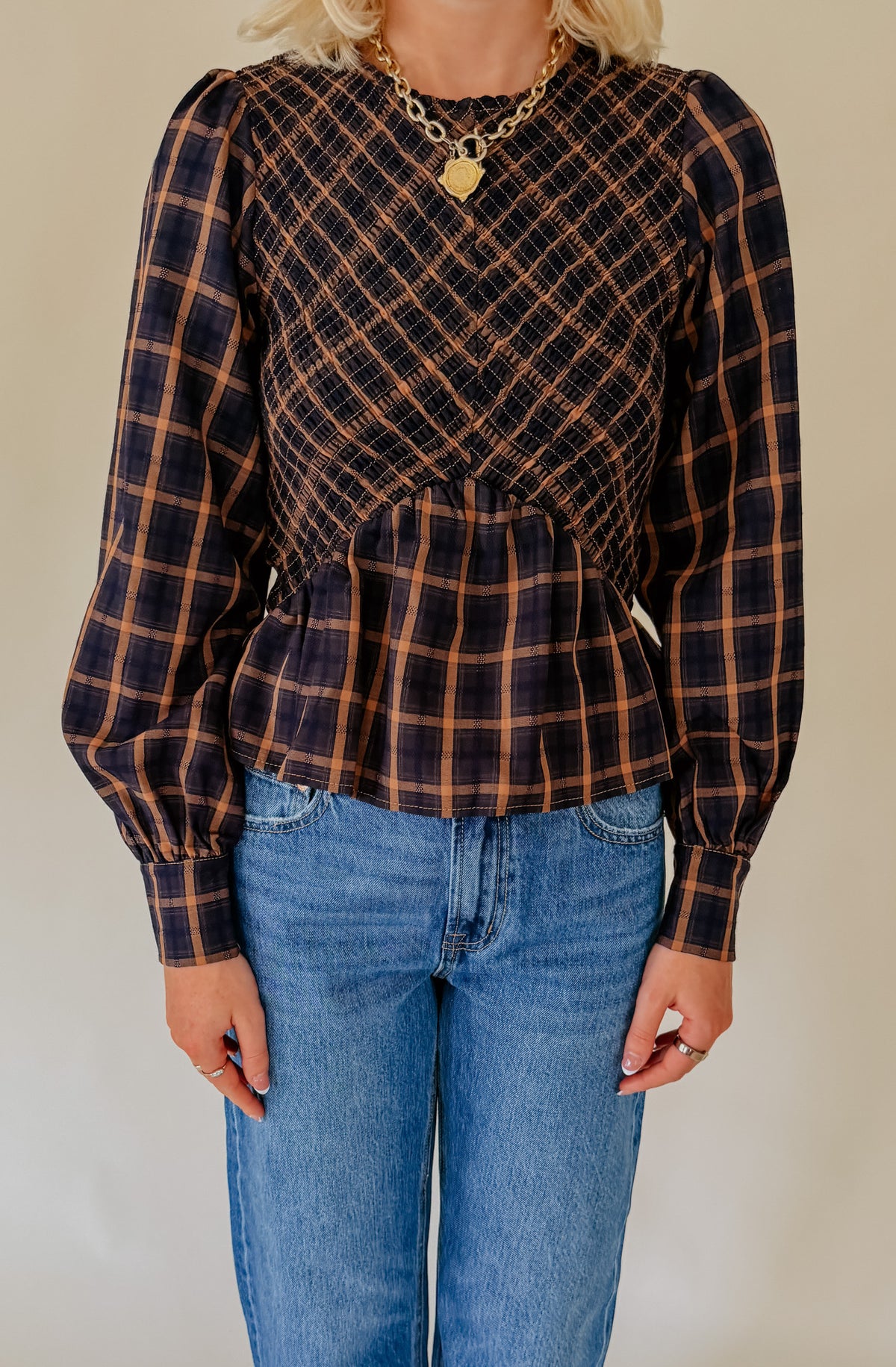 CIEBON LARKIN PLAID SMOCKED BLOUSE