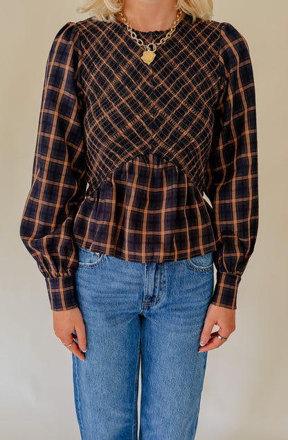 CIEBON LARKIN PLAID SMOCKED BLOUSE