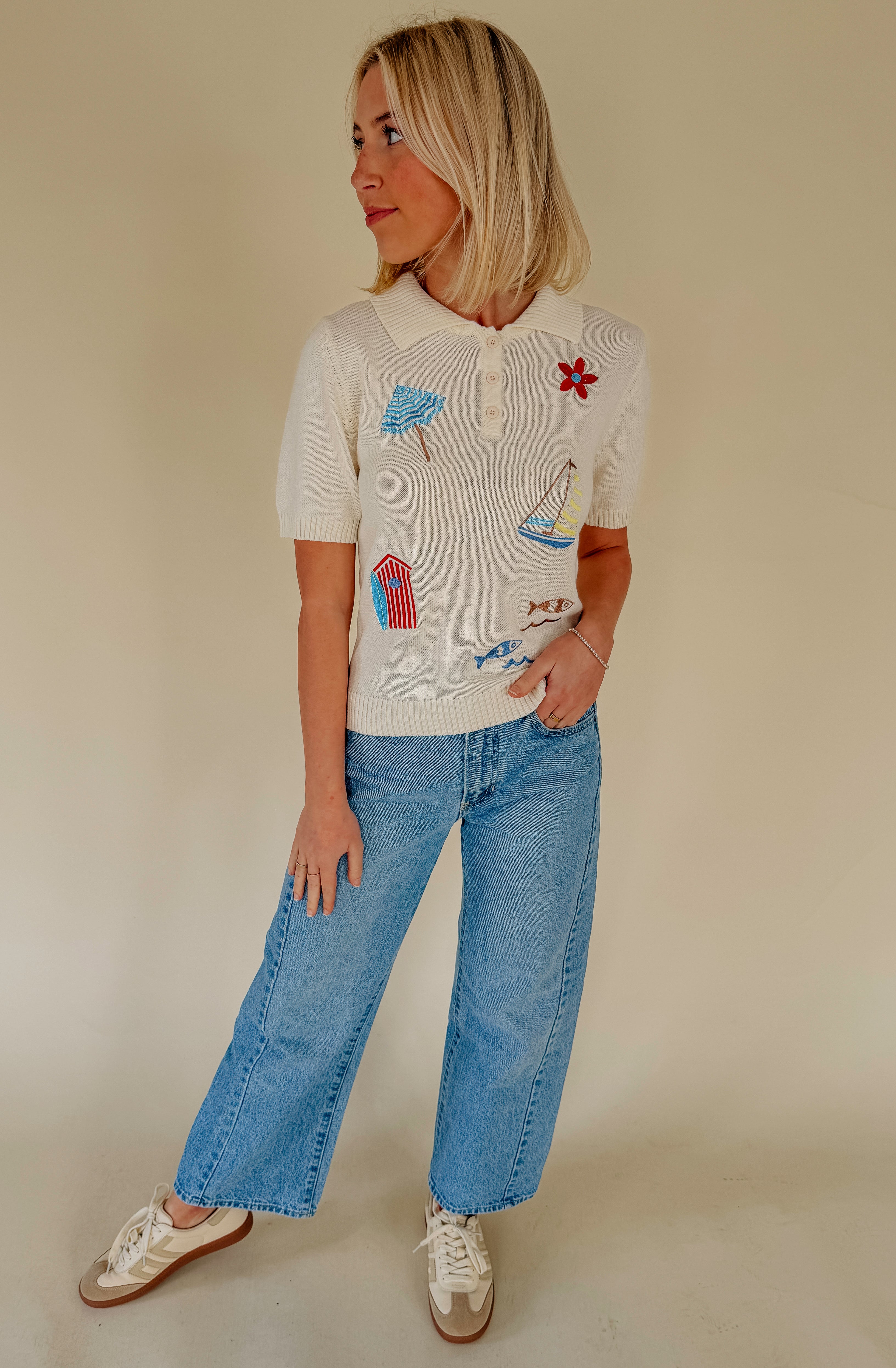 SET SAIL EMBROIDERED POLO SWEATER
