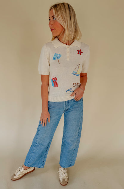 SET SAIL EMBROIDERED POLO SWEATER
