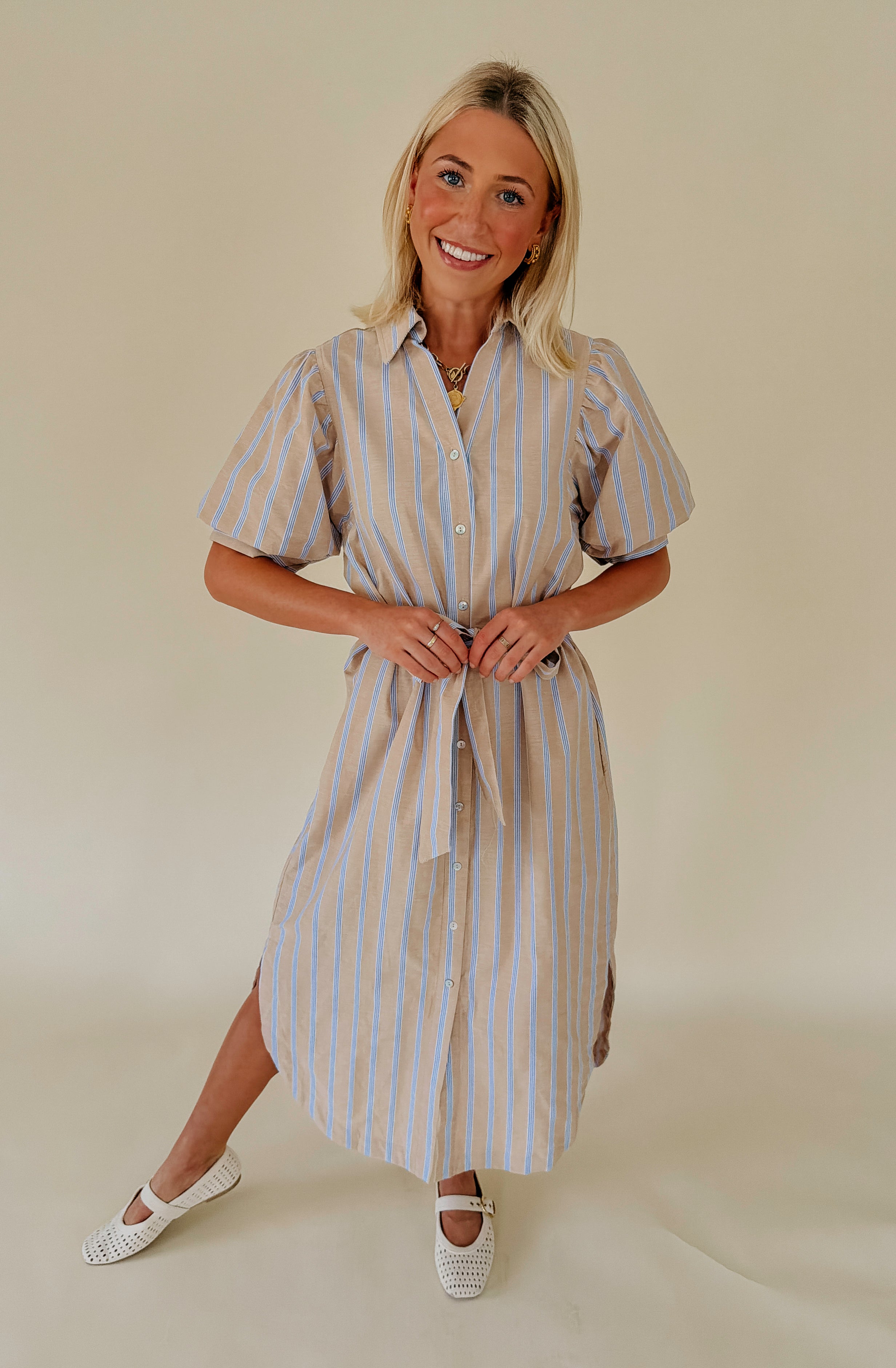 TAKING CARE OF BUSINESS TIE WAIST MIDI DRESS
