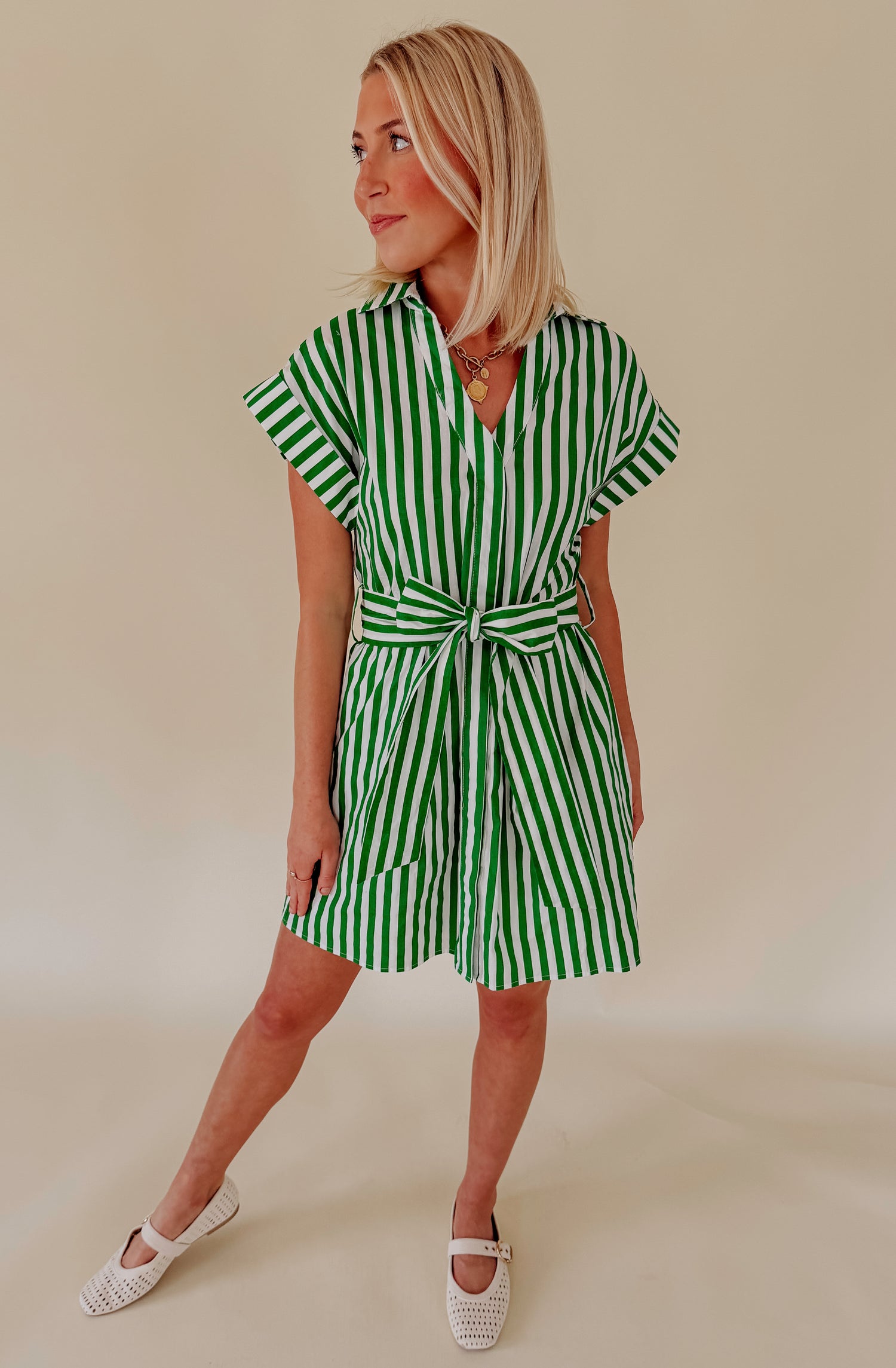 OLD MONEY STRIPED TIE WAIST MINI DRESS