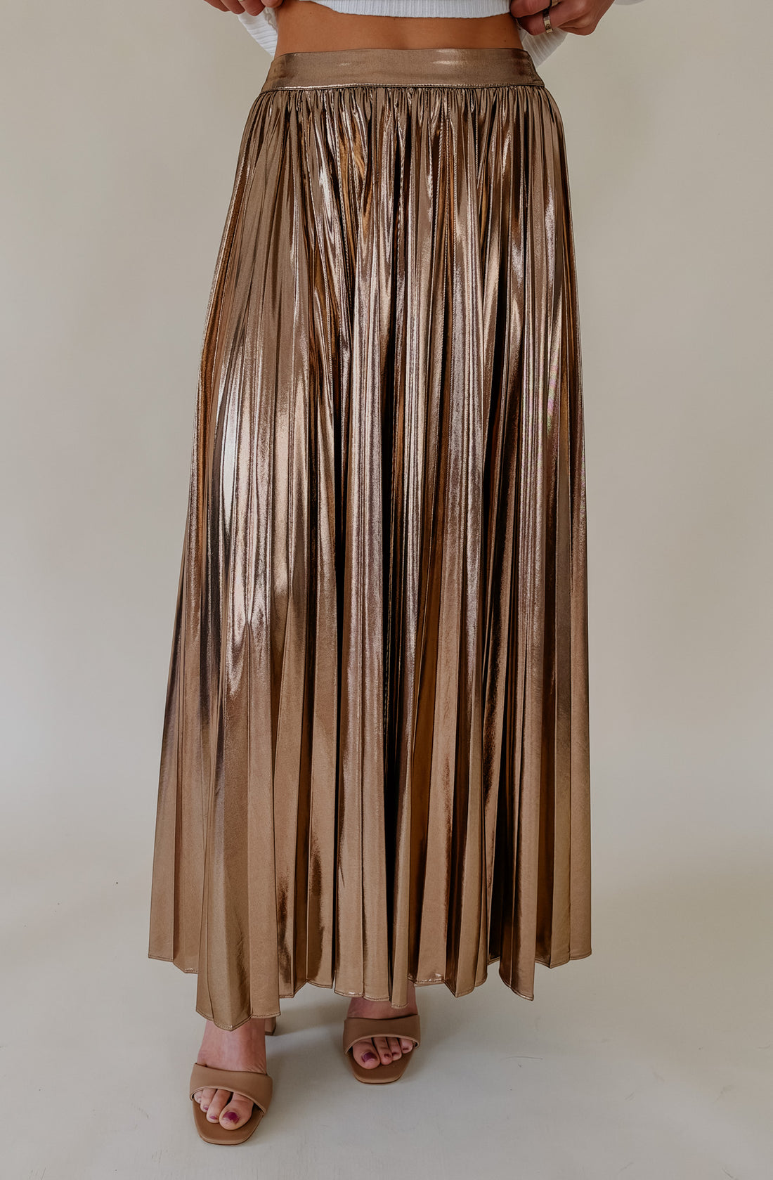 SHINE BRIGHT PLEATED MIDI SKIRT