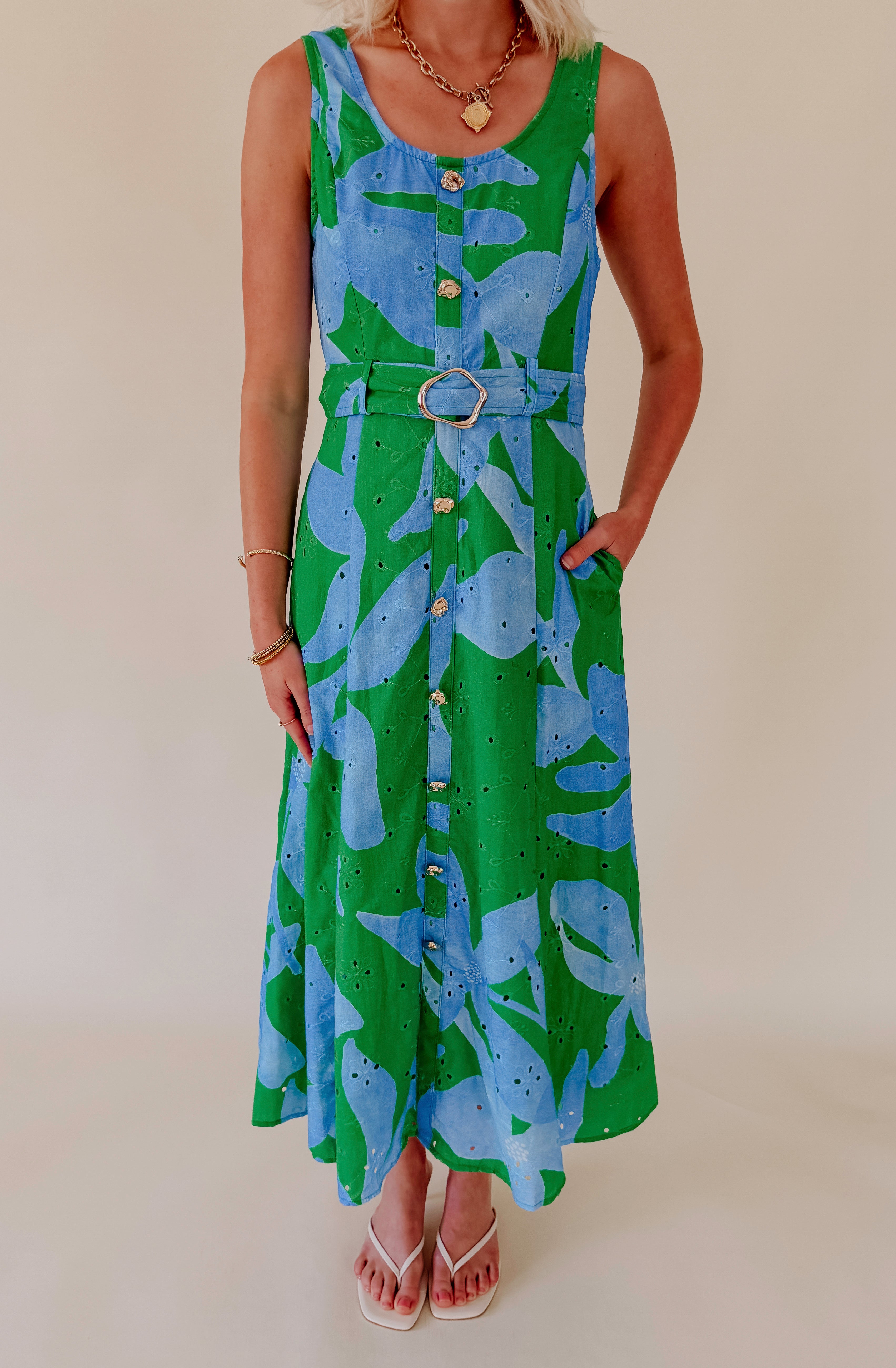 GREEN WITH ENVY BELTED MIDI DRESS