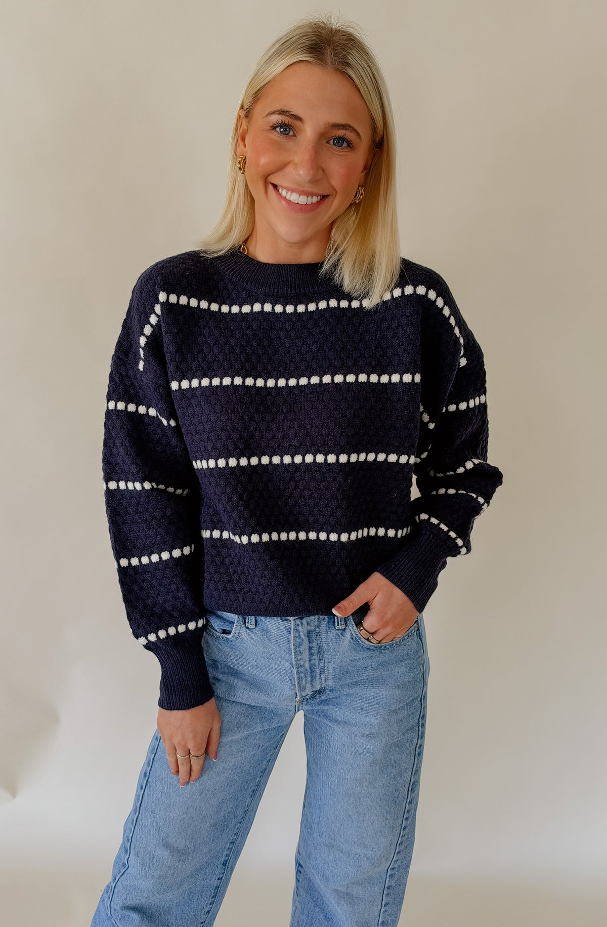 NAVY POPCORN STRIPED SWEATER