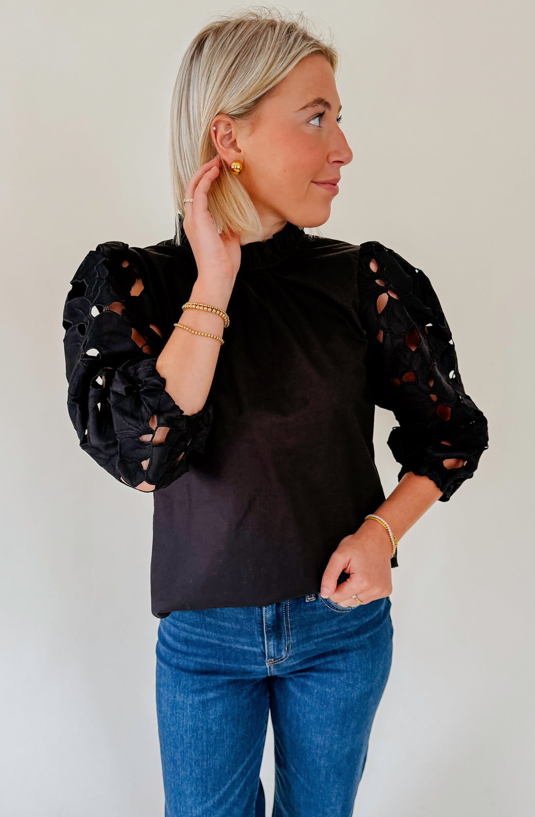 BACK IN BLACK EYELET SLEEVE BLOUSE